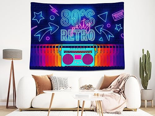 Miniatura 4 de Telón de fondo retro de 9 x 6 pies para fiesta de los años 80 con letras de neón Boombox, cinta de cassette de ladrillo para fiesta temática de los