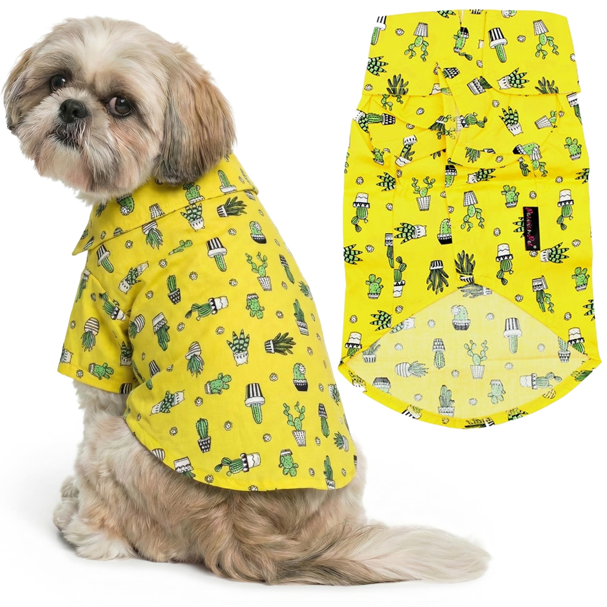 Parisian Pet Cactus Dog Shirt - Cotton Clothes for Medium Dogs - Stylish Tropical Yellow Dog Outfit - Lightweight and Soft Puppy Clothes - Trendy Tshirts for Dogs - Comfortable Summer Camp Pet Apparel