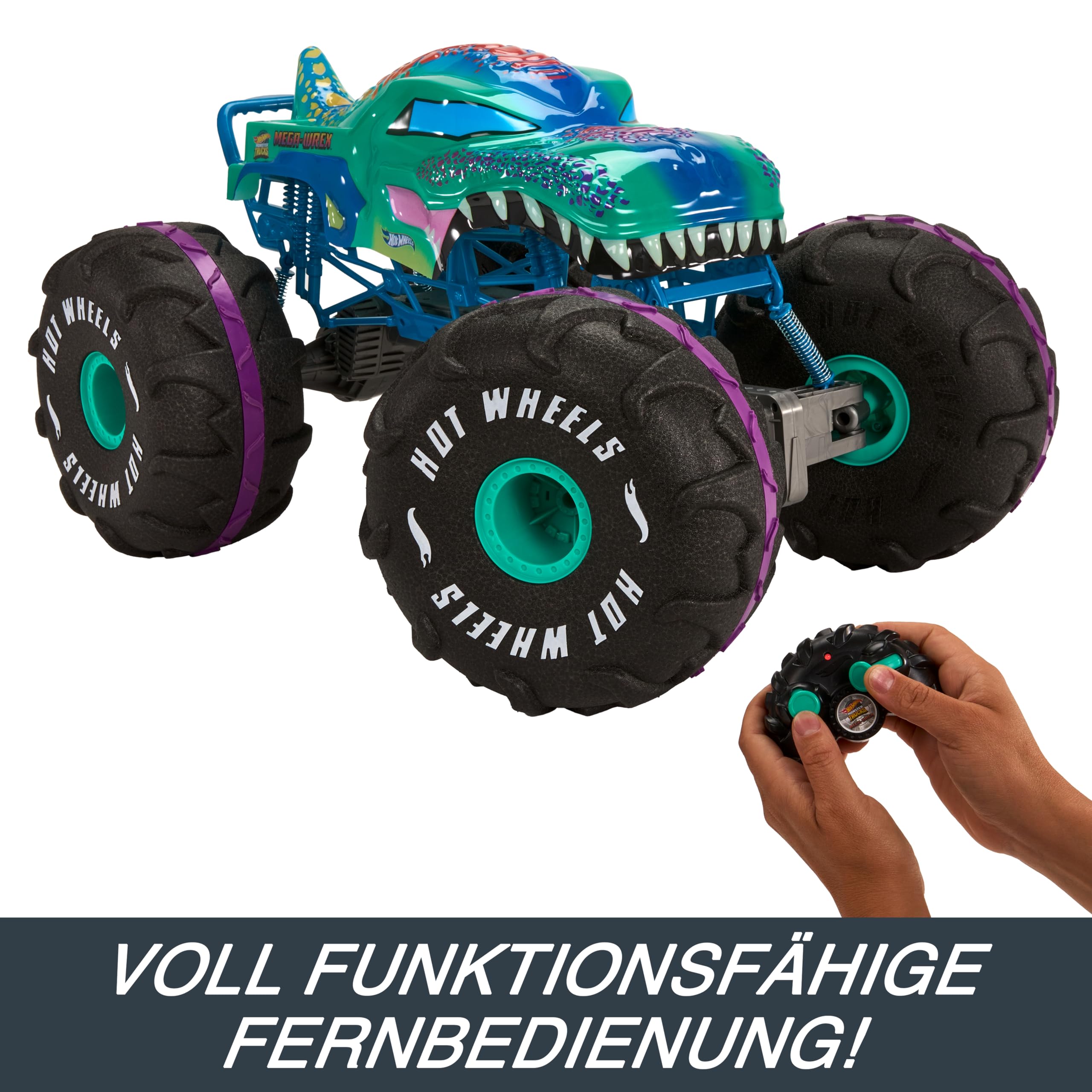 Hot Wheels Monster Trucks Ferngesteuertes Auto, Mega-Wrex im Maßstab 1:6, extragroßer Ferngesteuerter Spielzeug-Truck, mehr als 60 cm lang, HPK28