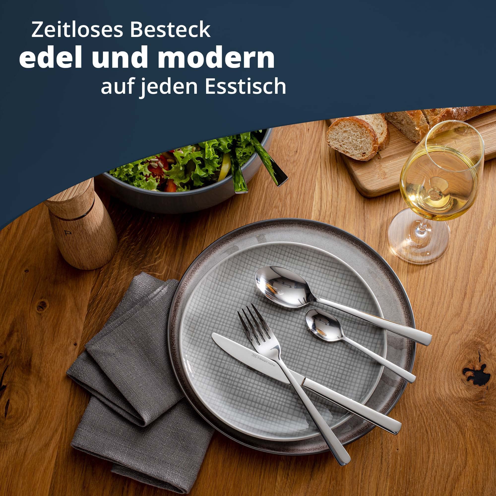 KHG Besteckset 68 teilig Edelstahl für 12 Personen, vielseitig einsetzbar | mit Servierbesteck, Essbesteck glänzend mit Besteckkassette spülmaschinengeeignet, rostfrei, geschmacksneutral