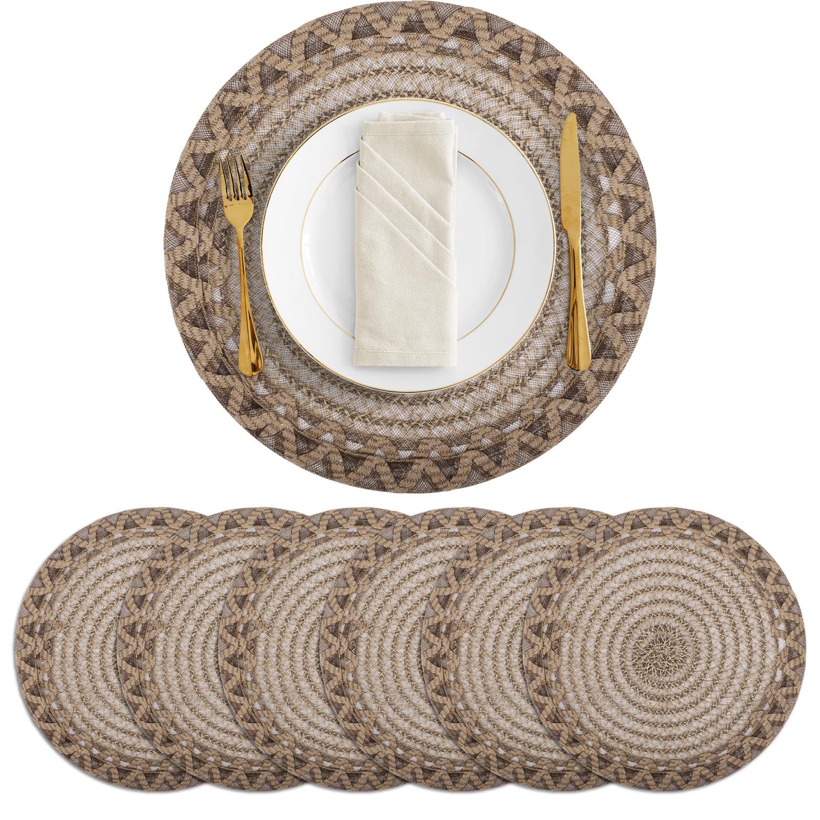 fanquare Jute Placemats Set of 6 Round Woven Braided Place Mats Natural Brown Heat Resistant Wipeable Non-slip Tablemats for Dining Kitchen Decoration 38cm