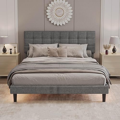 Base de cama moderna de plataforma tapizada de tamaño Queen, marco de cama de lino con luces, cabecera ajustable con costuras cuadradas, sistema de