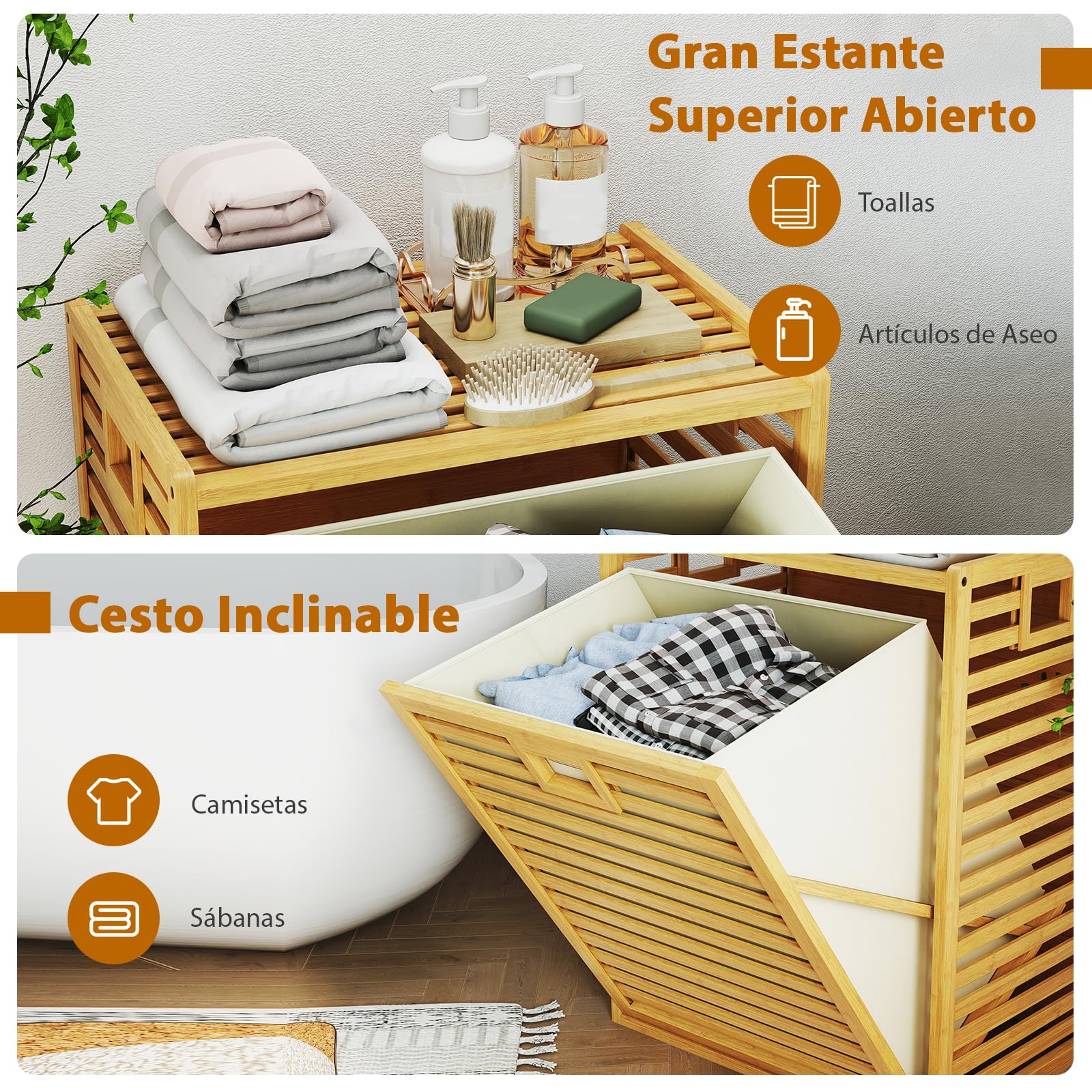 GIANTEX Armario de Lavandería de Bambú, Cesto para Colada de Tela Extraíble, 50 x 35 x 64 cm, Armario para Ropa Sucia con Asa, Mueble Organizador para Baño, Lavandería