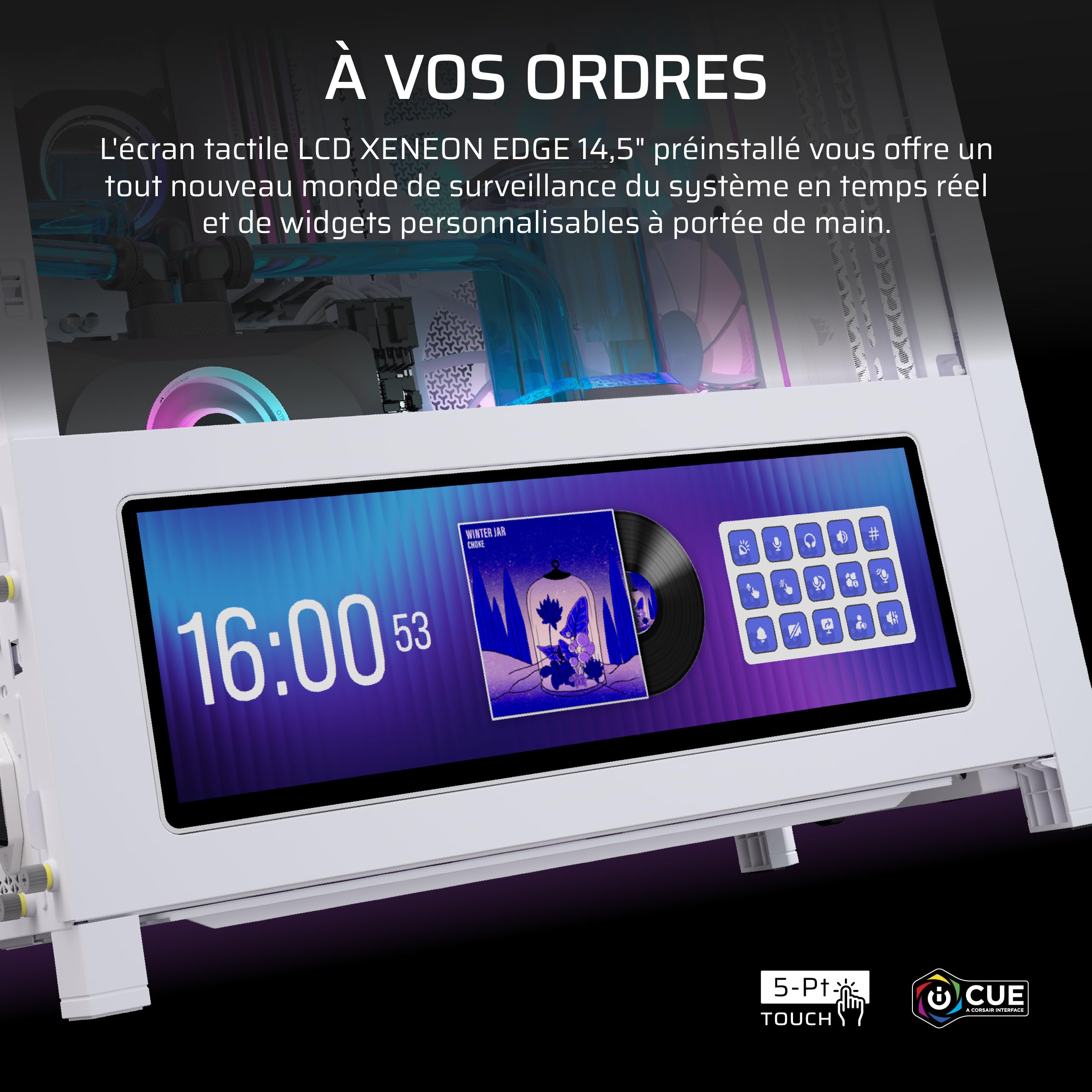 CORSAIR Frame 4000D LCD RS ARGB Boîtier PC – Écran Tactile LCD XENEON Edge 14,5 Pouces, Système InfiniRail, 4 Ventilateurs RS120 ARGB – Prend en Charge Les Cartes Mères à Connecteur Inversé – Blanc