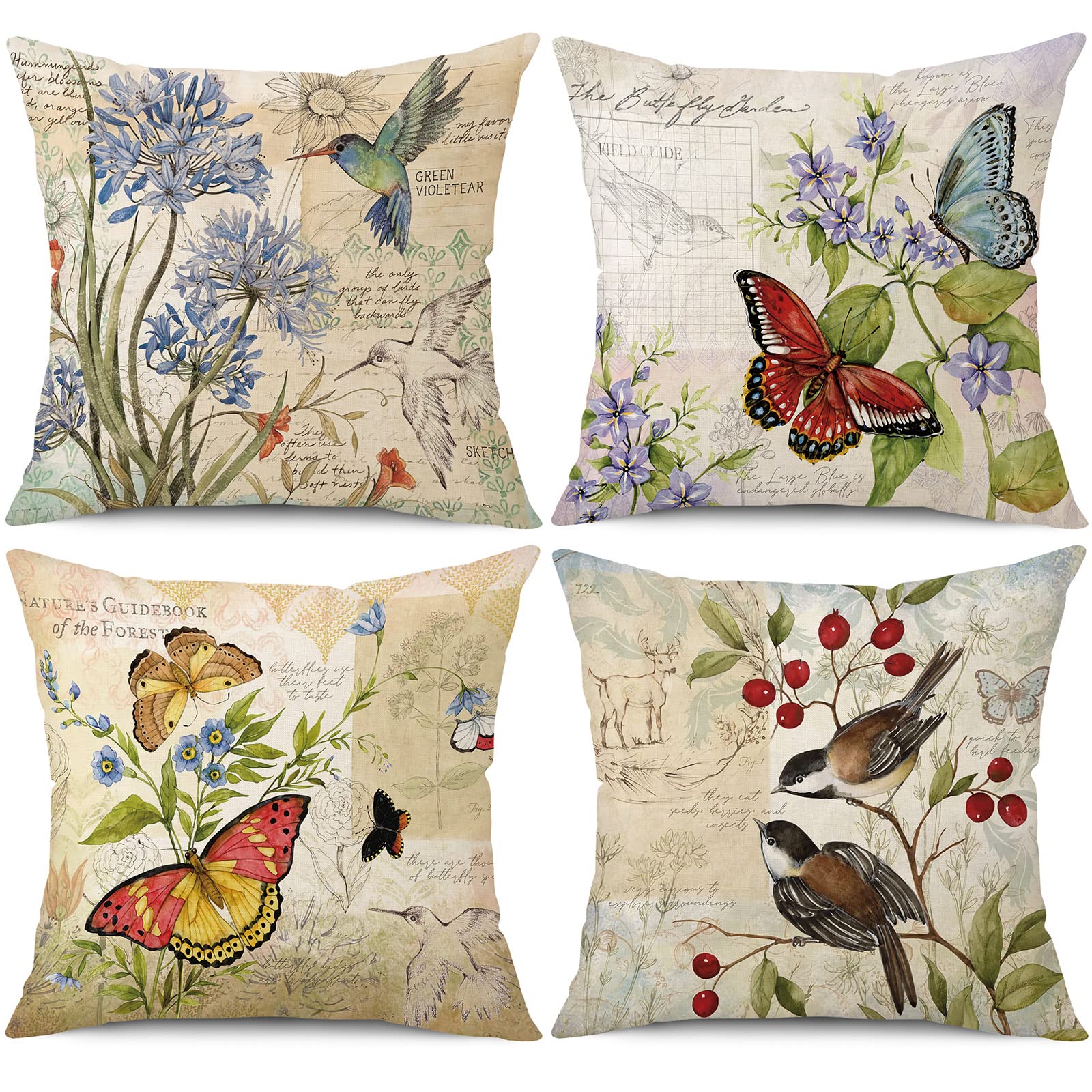Farmhouse Pillow Covers 18x18 Set of 4 Spring Summer Throw Pillow Covers Linen Flower Butterfly Bird Decorative Pillowcases for Sofa Couch Living Room Outdoor
