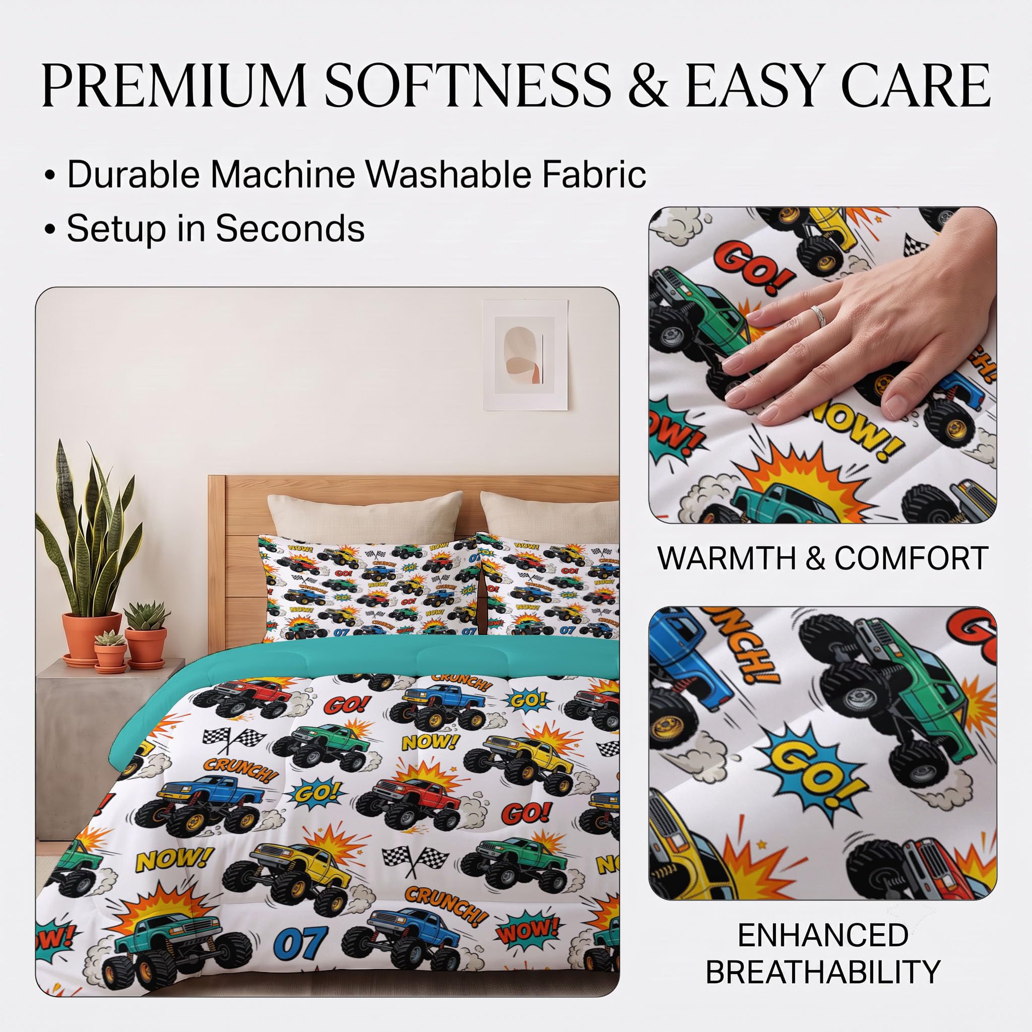 Juego de Edredón Infantil 200x200cm con Almohada para Cama 105 – Relleno Nórdico Vehículo Todoterreno Bigfoot Edredones Estilo Callejero Americano 4 Estaciones Nórdico Conforter, Azul Verdoso