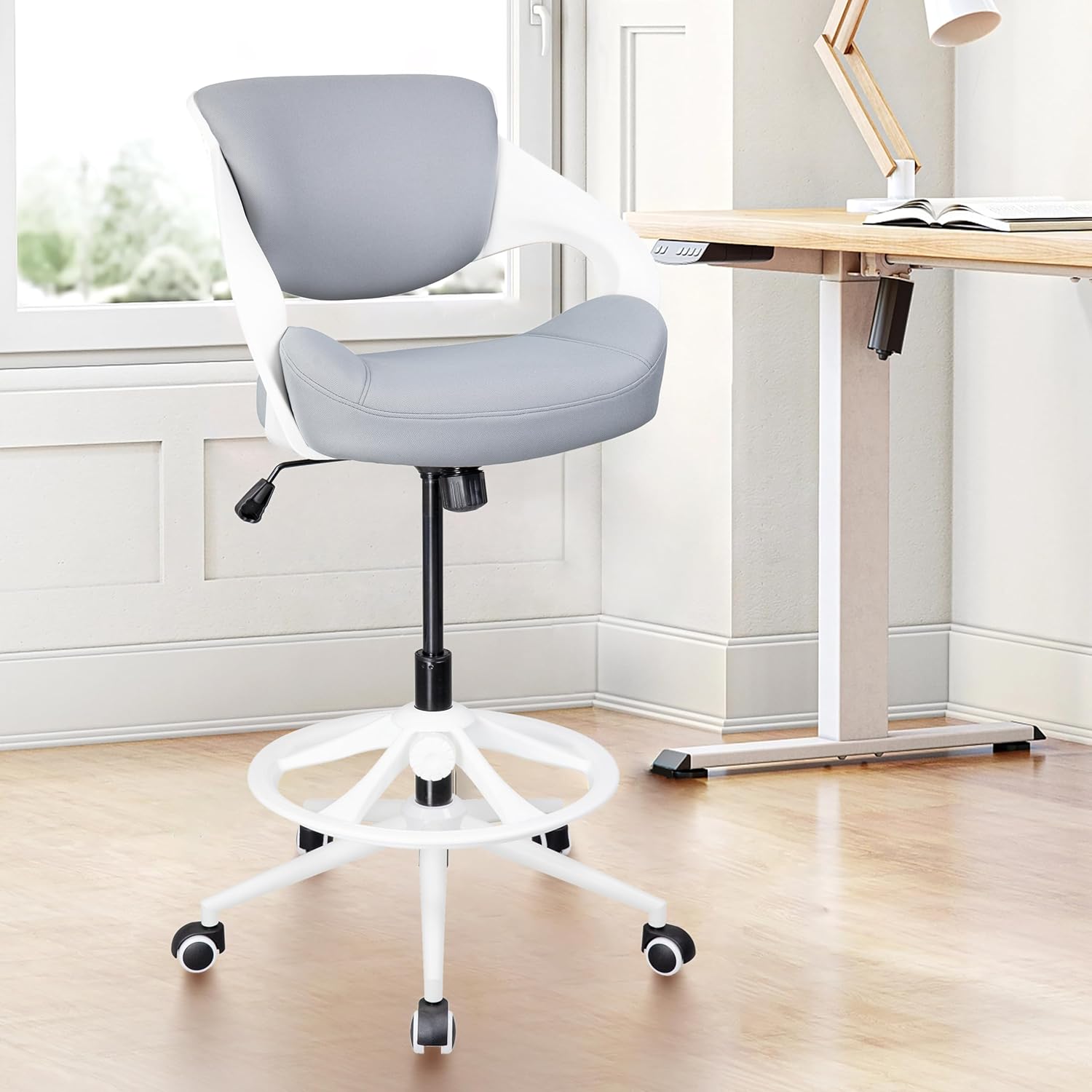 Ergonomic Drafting Chair,Standing Computer Desk Chair,Foot Ring,Lumbar Support,Swivel Task Chair -Grey