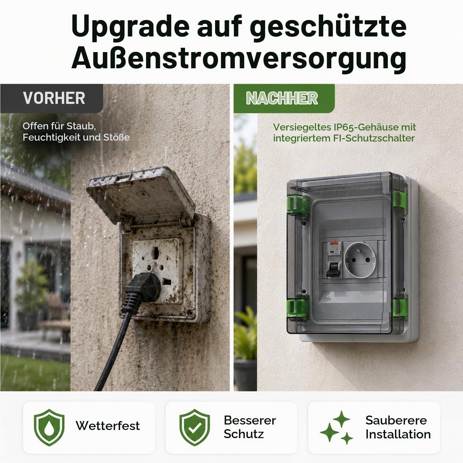 Schuko Steckdose mit Fi Schutzschalter im Sicherungskasten Aufputz IP65, Wasserfester Wandverteiler Komplett mit 16 Ampere Steckdose 230V und FI 16A Typ A 30mA für den Innen- und Außenbereich