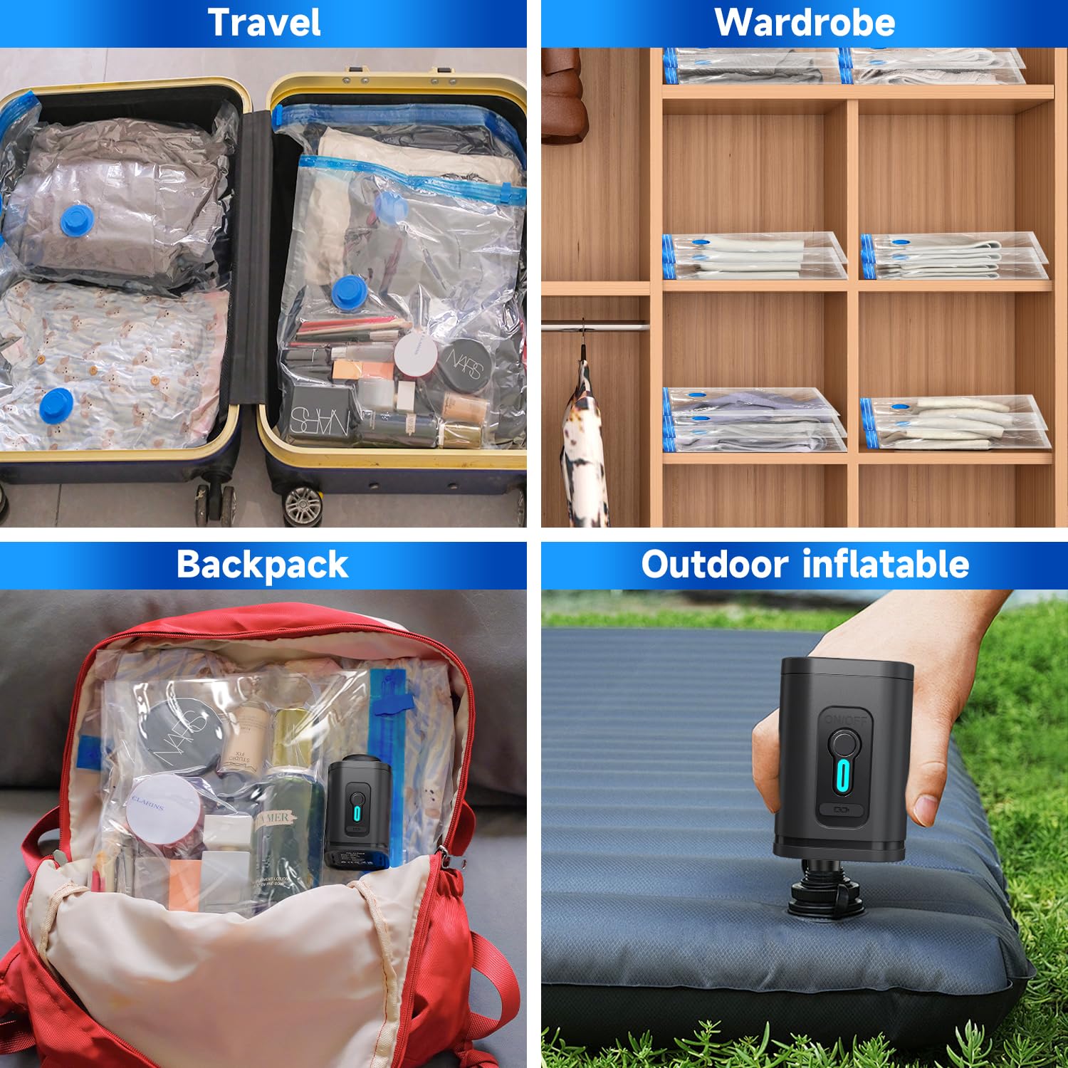 Lot de 8 sacs de rangement sous vide (4S + 4XS) avec pompe électrique rechargeable sans fil, sacs de compression pour économiser de l'espace pour vêtements, bagages, valise, sac à dos, voyage