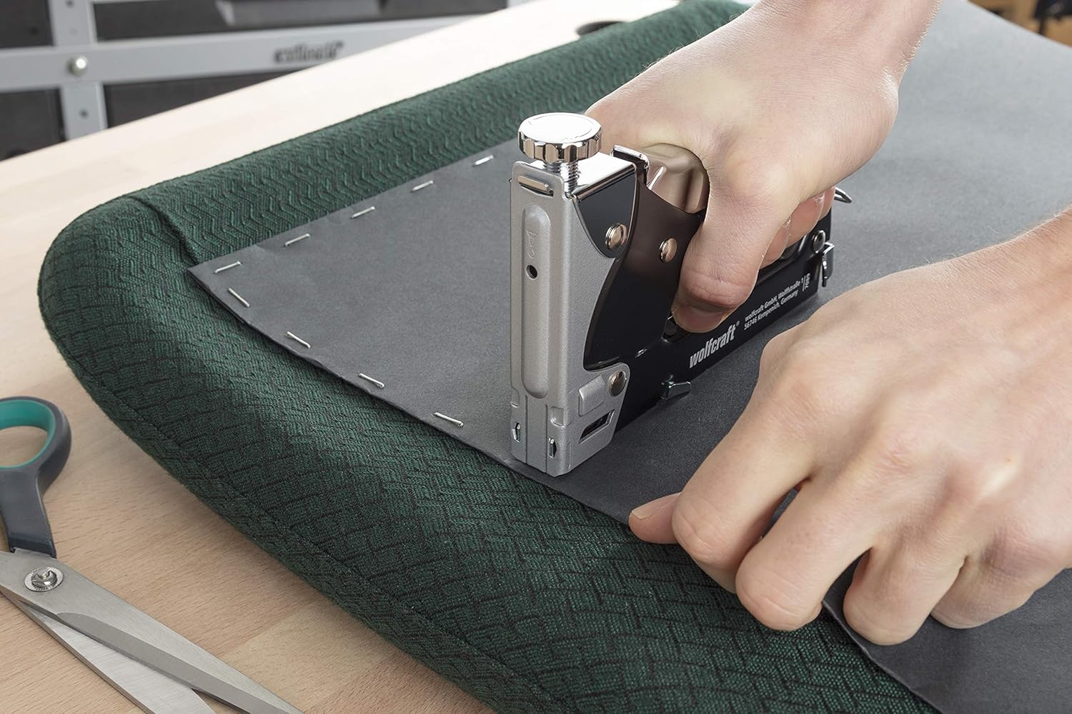 Stapling upholstery with Wolfcraft stapler