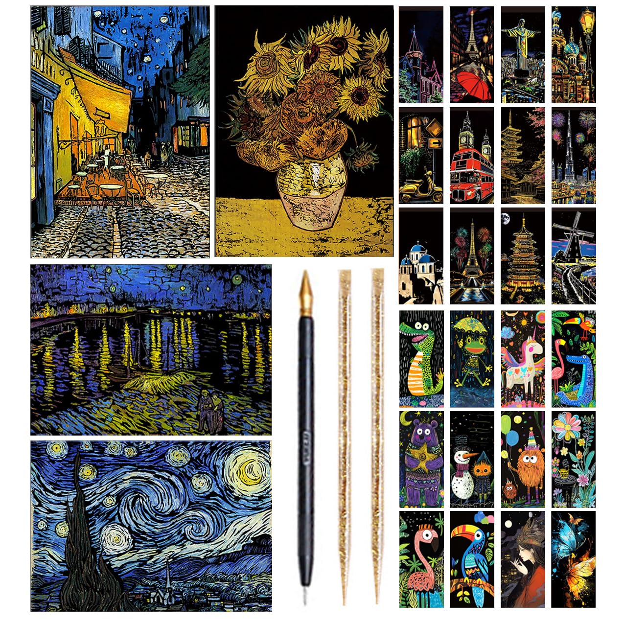 Scratch Art Painting Scratch Paper Rainbow Painting Sketch Pads DIY Art Craft Set， 4 Pcs Vincent Van Gogh Engraving and 24Pcs Classic Landmarks and Animal Series for Kids & Adults with 3 Tools-image-39