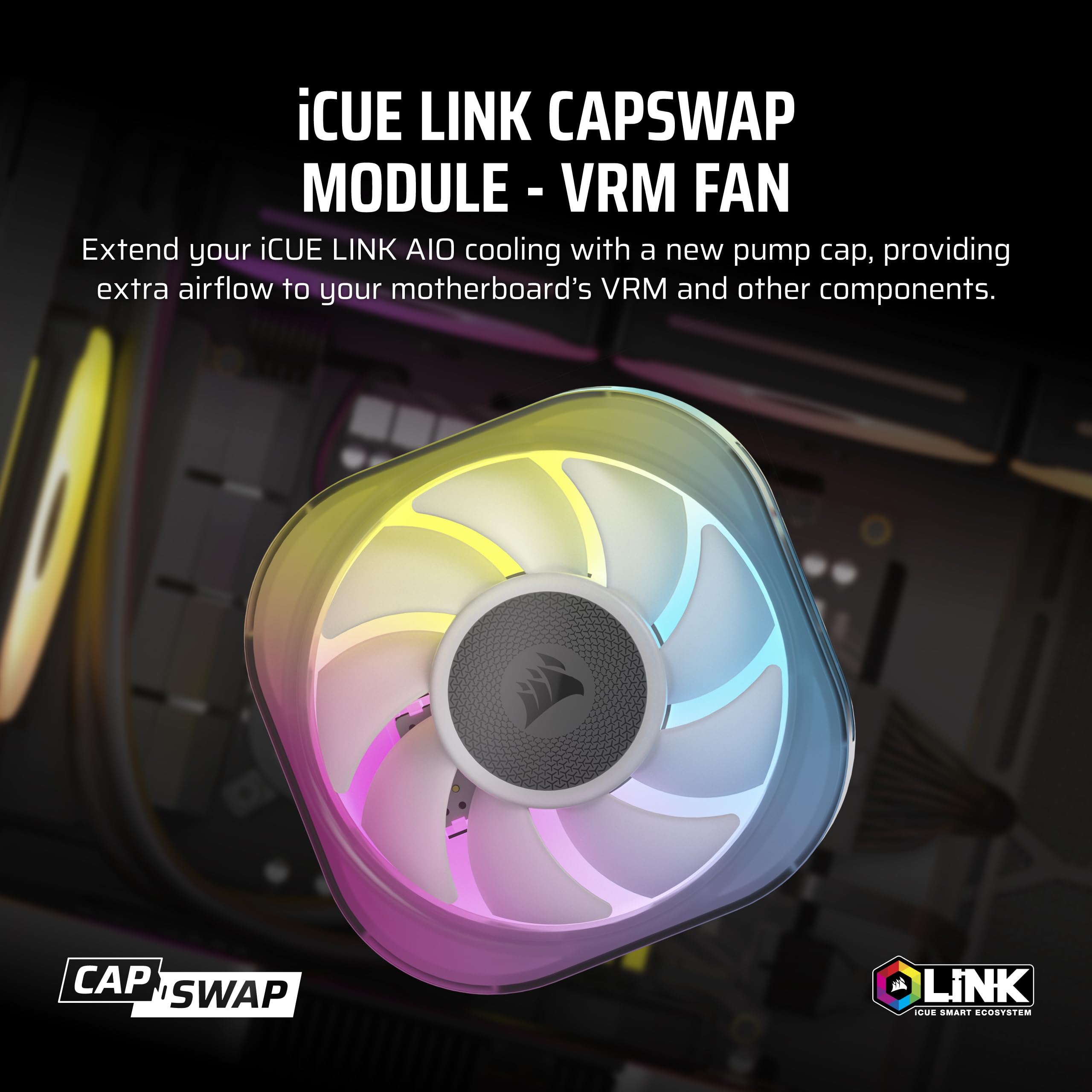 CORSAIR iCUE Link AIO VRM Fan Module - Refrigeración adicional de la placa base para overclocking - Fácil instalación CapSwap - Ventilador de 70 mm - Rodamiento magnético abovedado - Negro