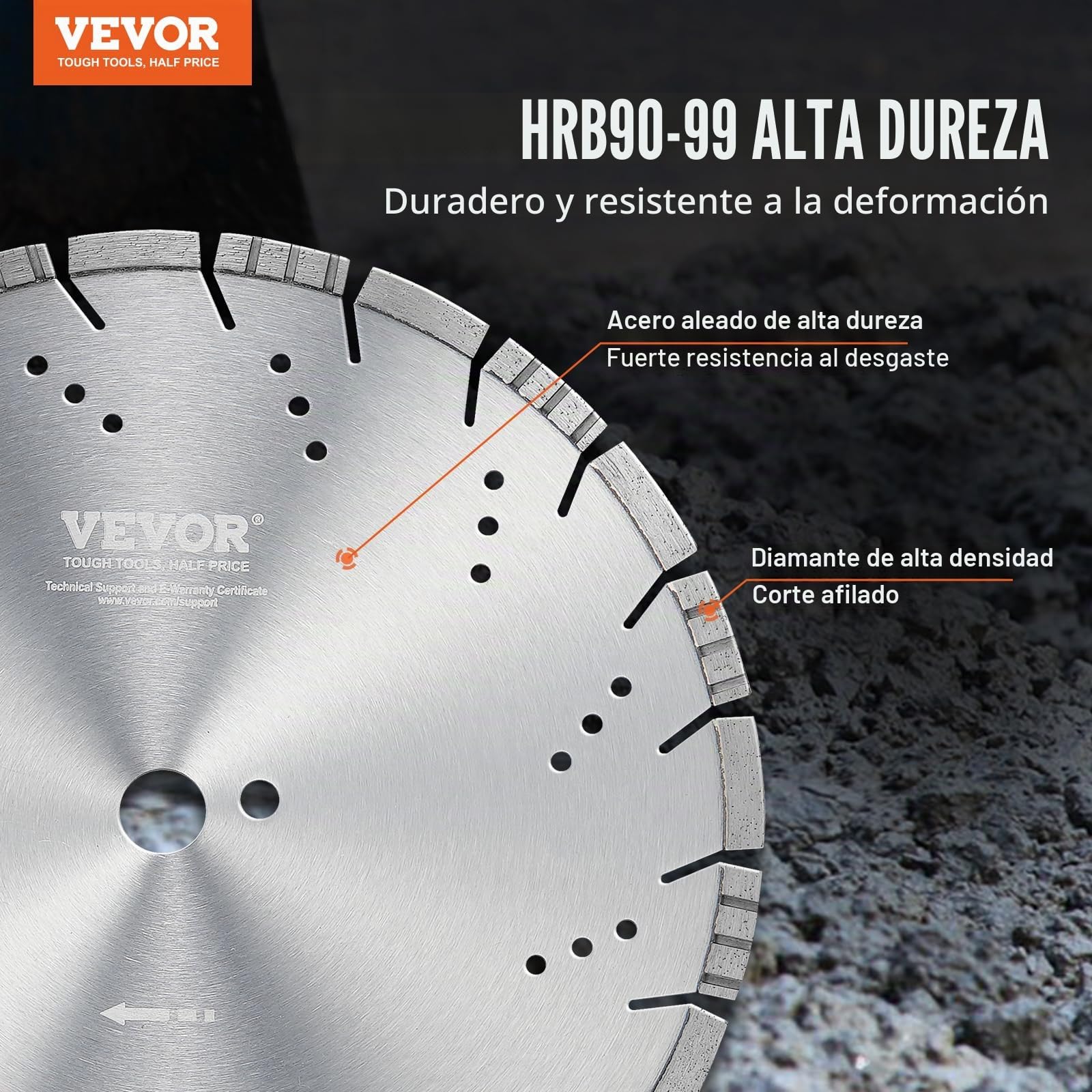 VEVOR Disco de Corte de Diamante 350 mm Disco de Diamante Húmedo o Seco Hoja de Sierra con Dientes Inclinados 10 mm Diámetro del Orificio Central Universal 25,4 mm Para Hormigón, Azulejos, Ladrillo