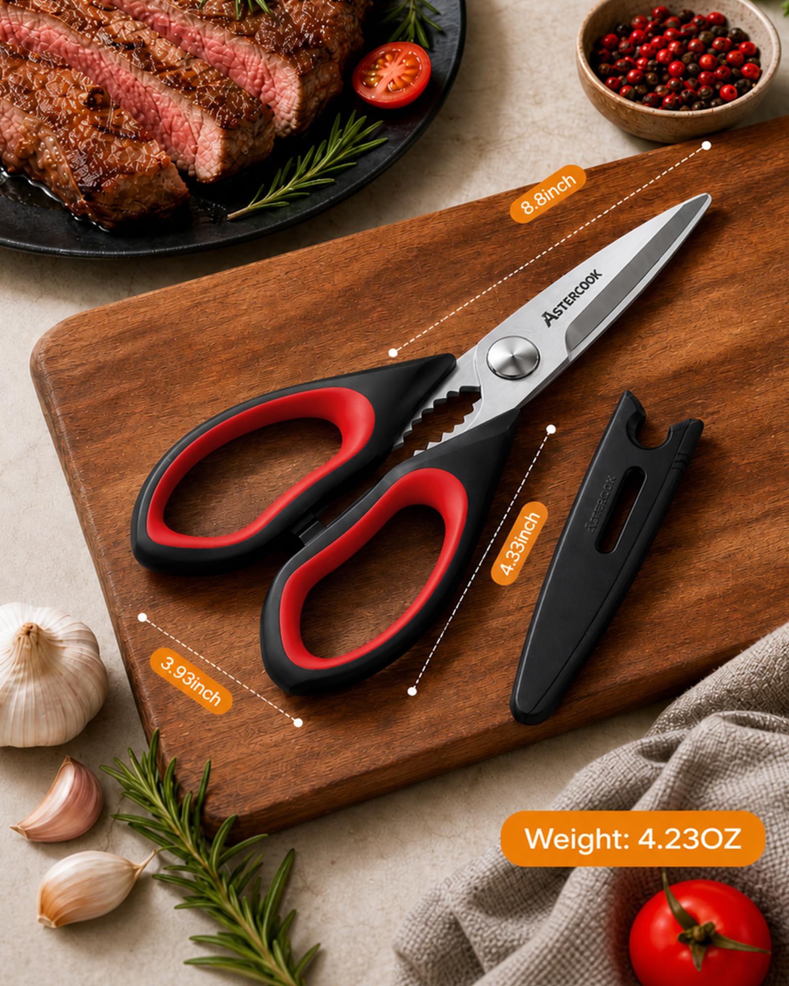 Astercook Küchenschere, Modern, 3er-Pack Schwarz, Rot, Schwarz, Orange, Schwarzgrau, Legierter Stahl, Wellenschliff, Poliert, Beidhändig, Kunststoffgriff, 8.8 Zoll, 7.47 cm breit, Spülmaschinenfest