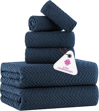 CASA COPENHAGEN Wave Textured 6 Pieces Towel Set- Navy Blue, 550 GSM 2 Bath Towel 2 Hand Towel 2 Washcloth, Rough & Tough Use Cotton Towels Gift Set for Bathroom