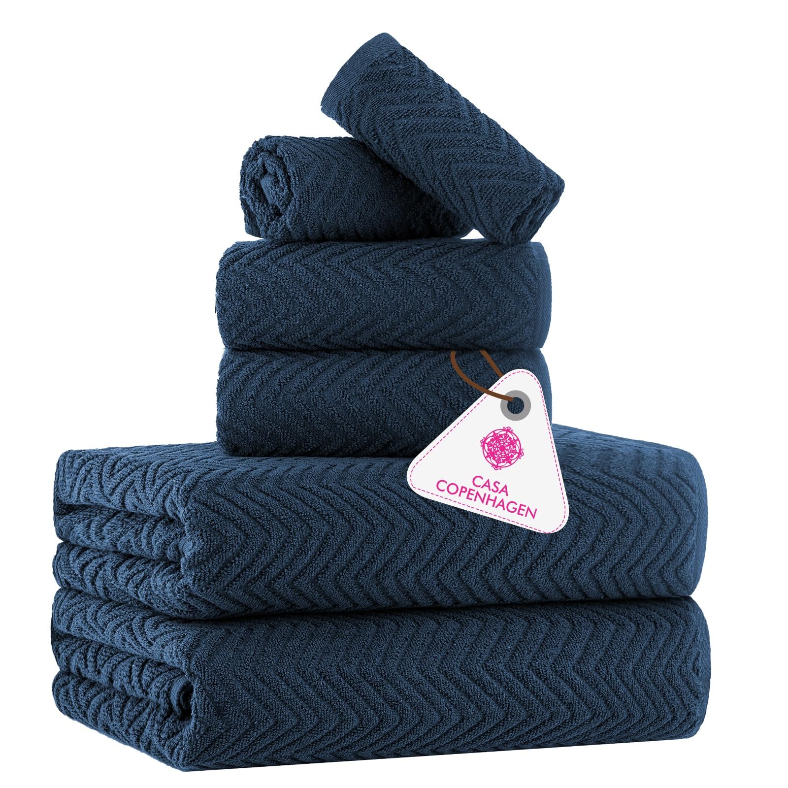 CASA COPENHAGEN Wave Textured 6 Pieces Towel Set- Navy Blue, 550 GSM 2 Bath Towel 2 Hand Towel 2 Washcloth, Rough & Tough Use Cotton Towels Gift Set