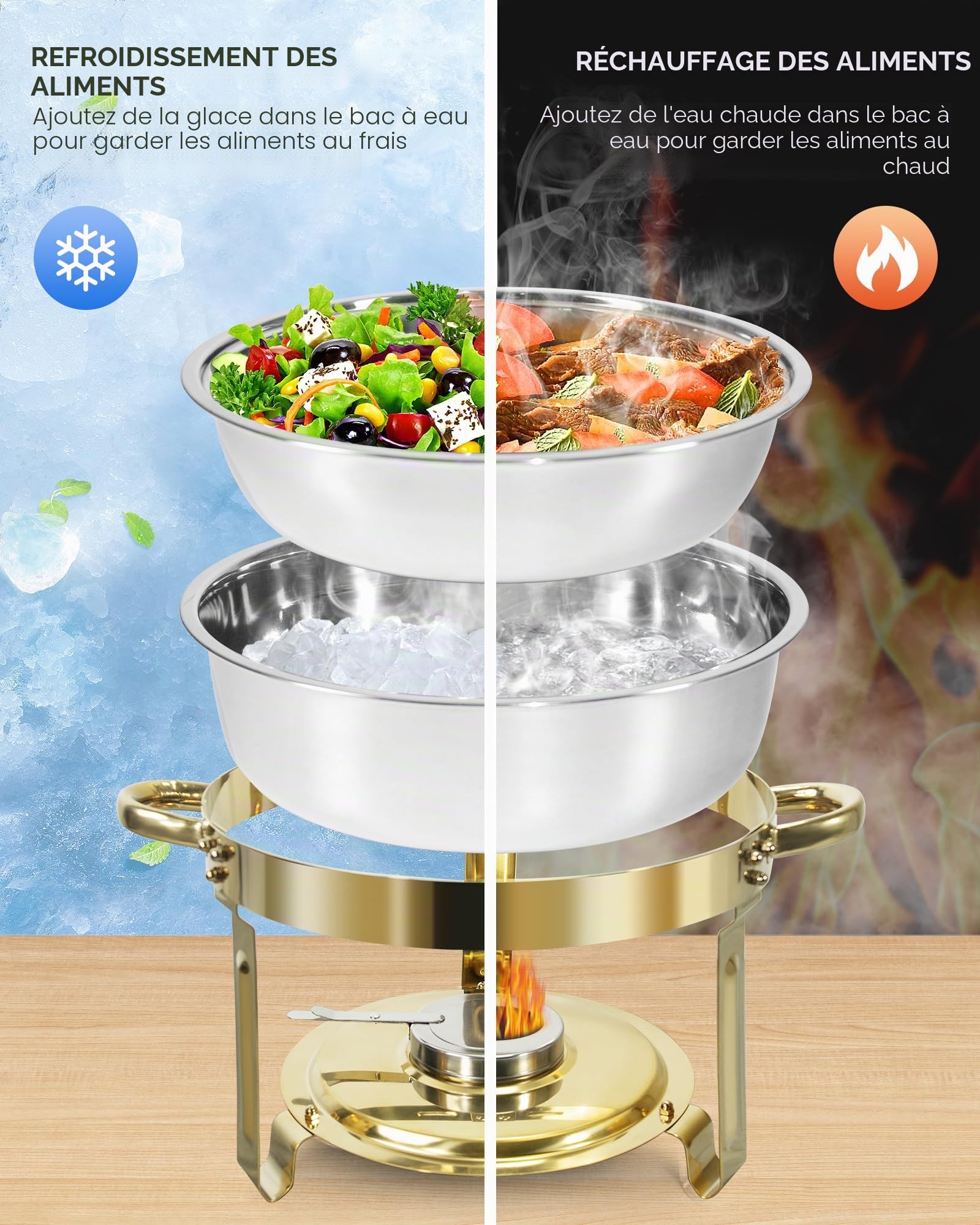 Dorés Chafing Dish Buffet 5L[Solide et Durable, Haute qualité],2PCS Ronds Chafing Dish en Acier Inoxydable,Buffets Chauffants [élégant Or et Argent] pour Restaurants,Traiteurs,Fêtes,Mariages