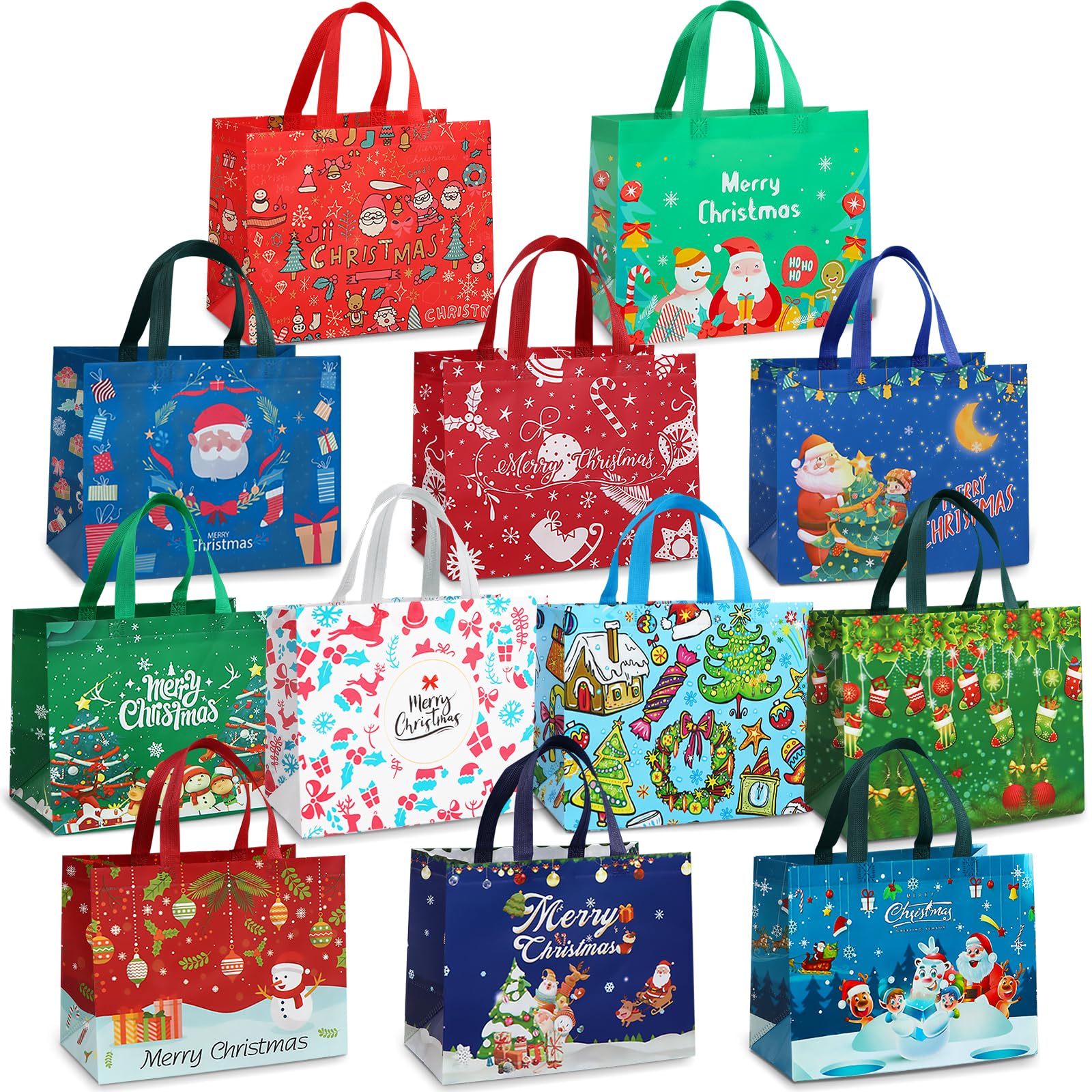 12PCS Christmas Gift Bags, Large Reusable Christmas Tote Bags, Non-Woven Christmas Bags for Gifts Wrapping Shopping Xmas Holiday Party Supplies, 12.8"×9.8"×6.7"