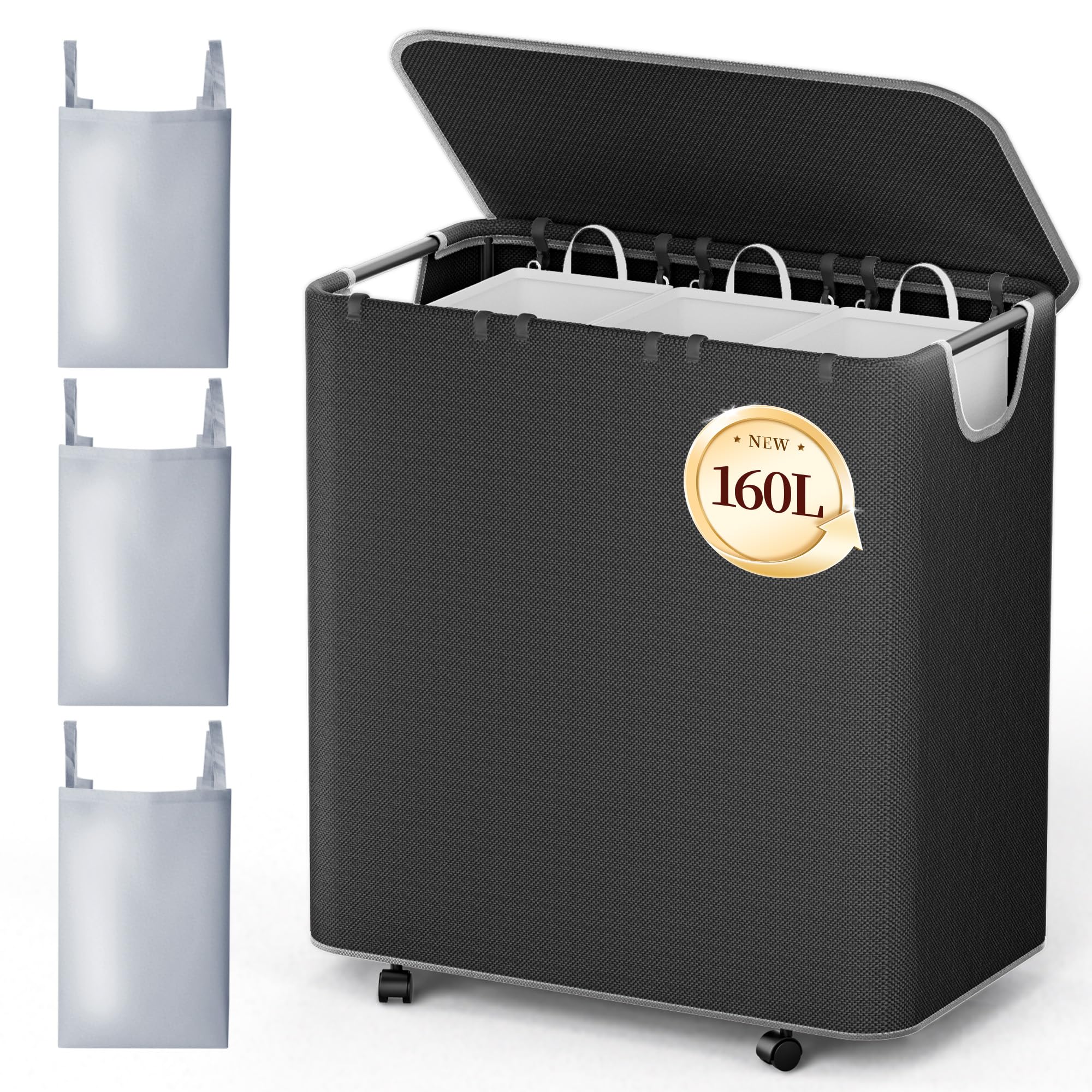 LAMU Cesto portabiancheria a 3 scomparti, cesto portabiancheria da 180 l, con coperchio, 3 scomparti e 6 sacchetti per la biancheria, rimovibile, montaggio rapido, per bagno, camera da letto