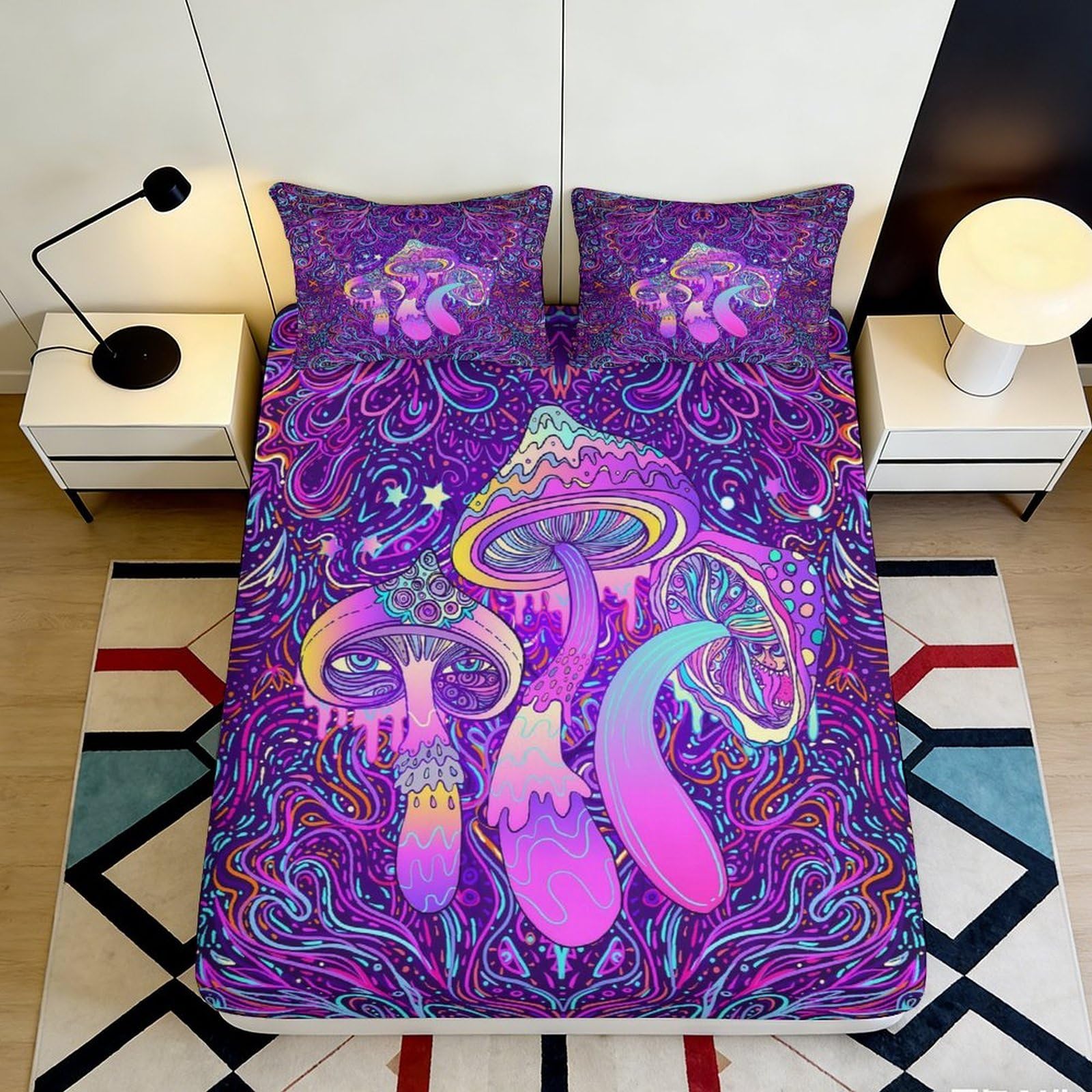3D Printed Psychedelic Mushroom Fitted Sheet Microfiber Deep Purple Abstract Bed Cover for Bedroom Dorm Mattress Protection Decor 180x200x25cm
