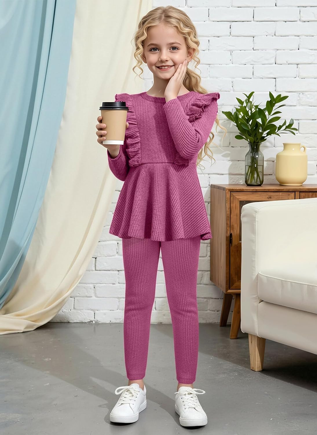 Toddler Kid Girls Clothes Purple Outfit for Girls Ribbed Color Block Long Sleeve Sweatsuit Set Fall Outfits