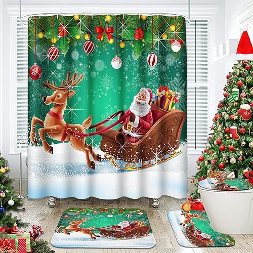 ArtSocket Juegos de baño de ciervos de Papá Noel con cortina de ducha y alfombras y accesorios, juegos de cortinas de ducha de Feliz Navidad, copos