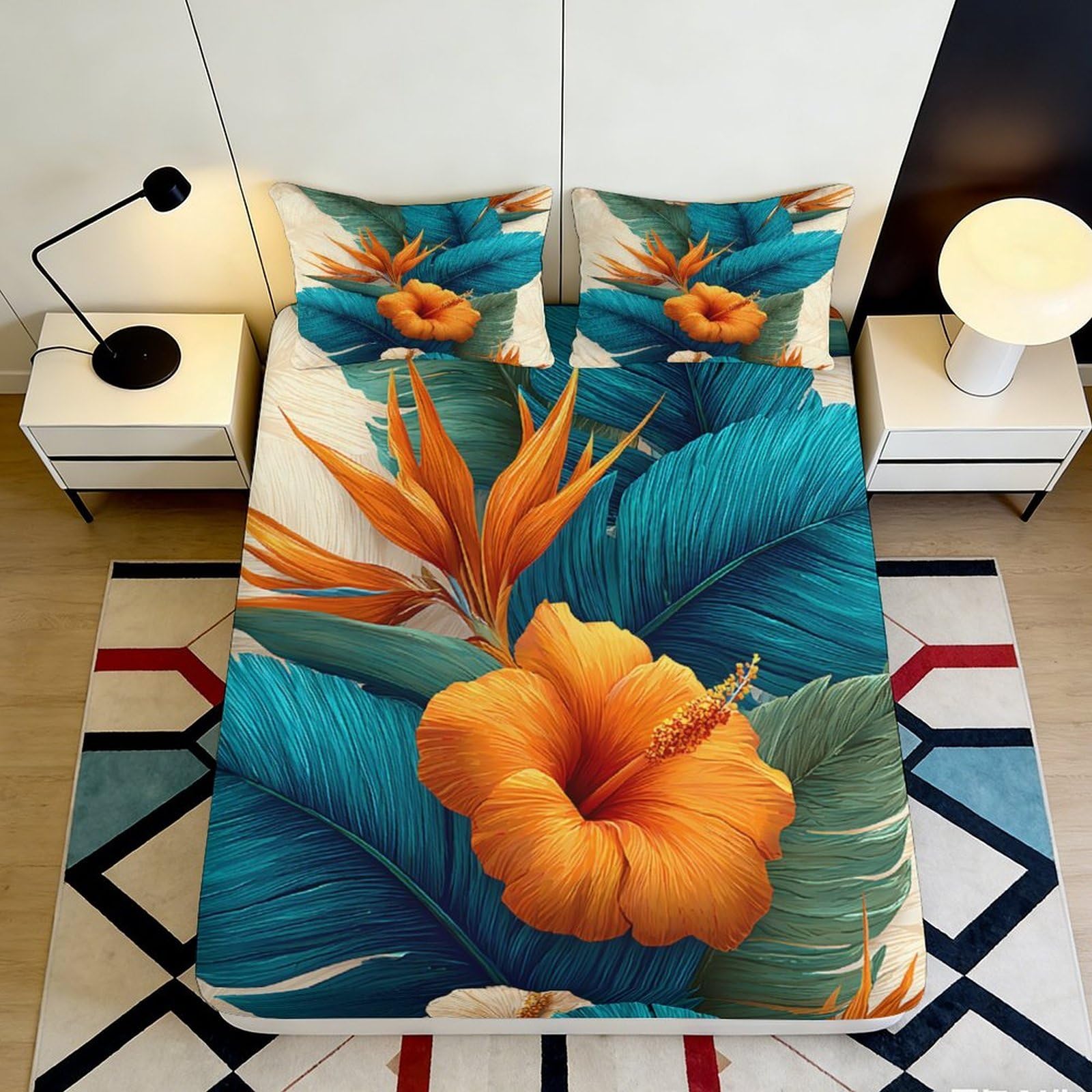 Pnayamiorkfel Style-2 3D Printed Tropical Hibiscus Fitted Sheet Microfiber Orange Flower Bird Paradise Bed Cover Bedroom Decor Mattress Protector 90X200x25cm