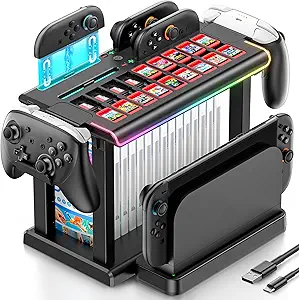 Switch 2 RGB Organizer Station with Controller Charging Dock, Switch 2 Storage Stand, Joycon 2 Charger, Gaming Accessories Holds TV Dock, 16 Game Cases, 18 Game Cards, and 2 Pro Controllers