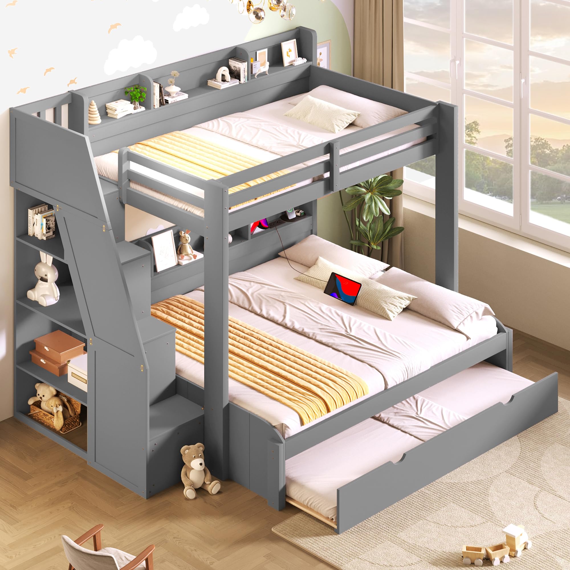 bellemave twin over full bunk bed with storage staircase, trundle, built-in shelves & usb charging station, space-saving design bunk bed frame for kids teens, solid wood & mdf, grey (incomplete box 2 of 3 only) 
