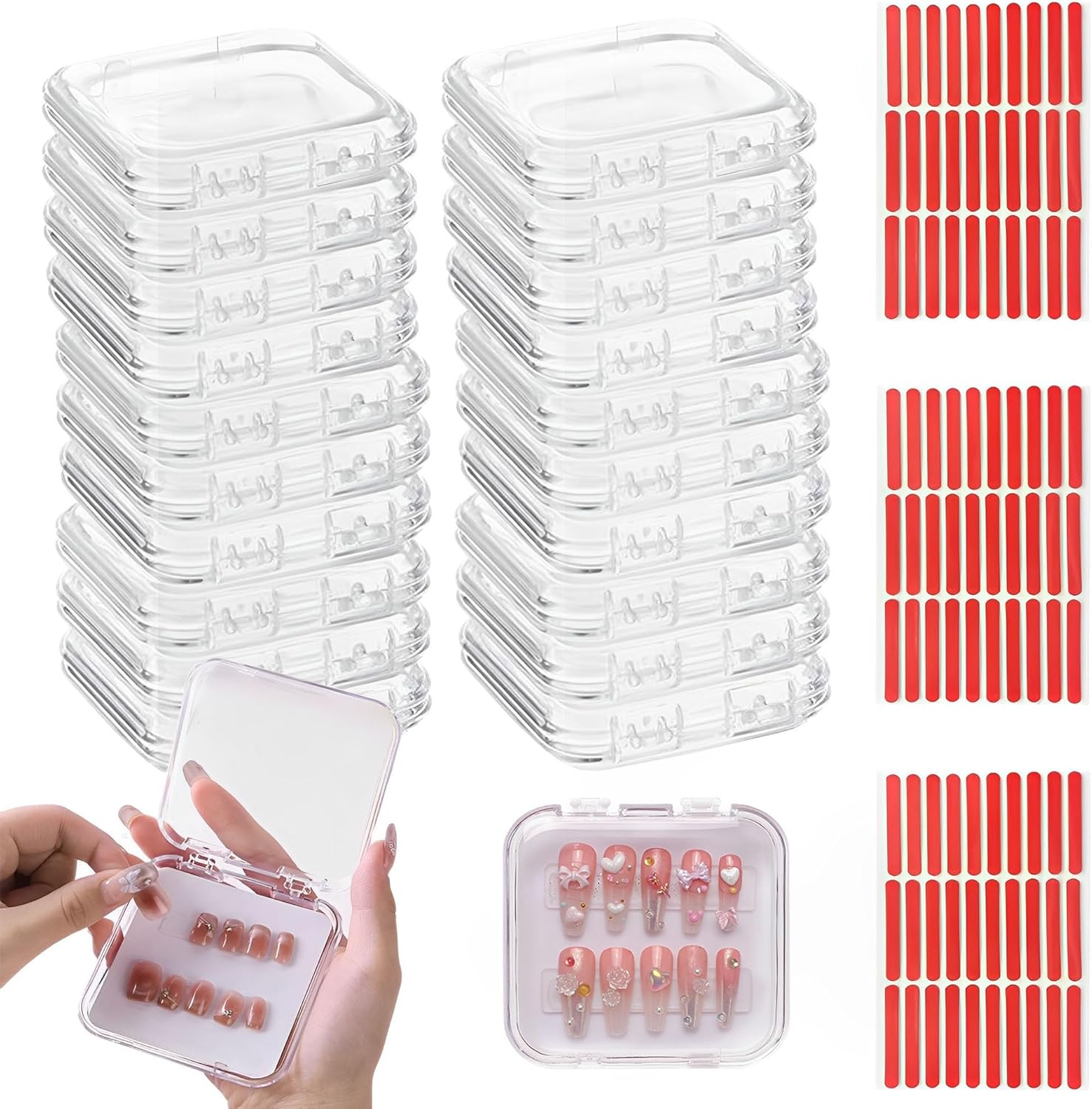 MZSX 20pcs Press-on Nail Storage Box (7.5×7.5cm), 90Pcs Upgraded Double Sided Tape, Transparent Nail Tips Display Storage Box Set, Transparent False Nail Display for Nail Business, for