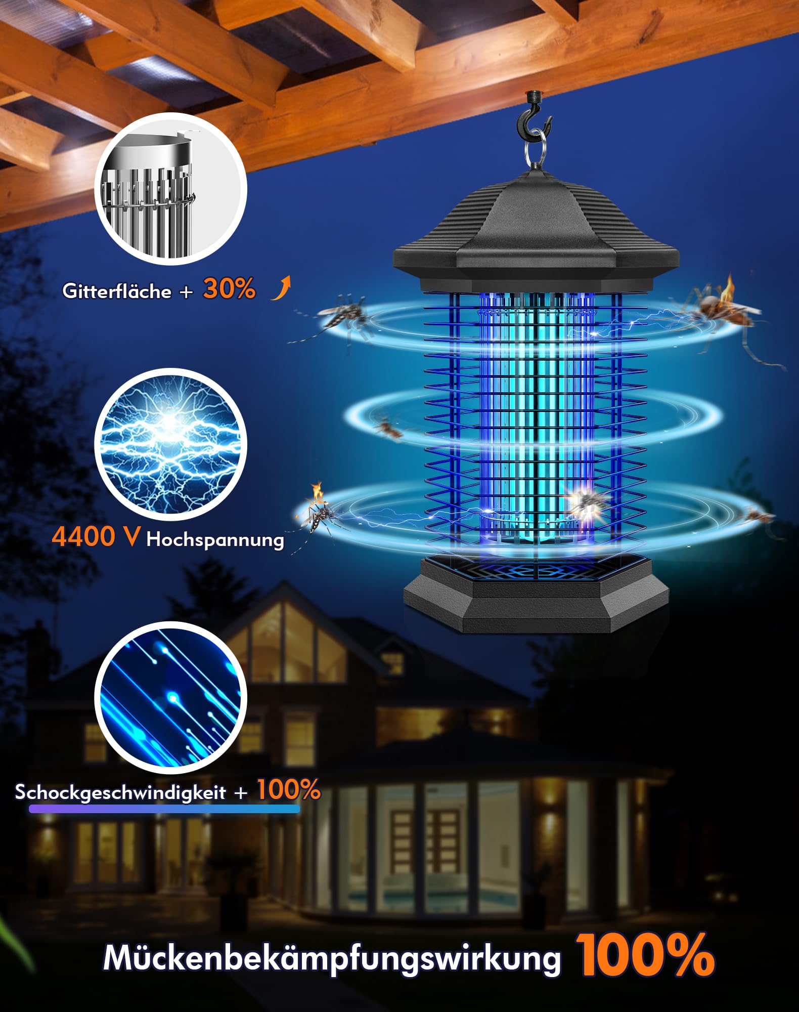 AMUFER Insektenvernichter elektrisch, Mückenfalle mit 18 W Leistung & 4400 V Voltstärke, 100% höhere Effizienz der Mückenbekämpfung, Mückenlampe Fliegenfalle für Garten, Schlafzimmer, Gastronomie