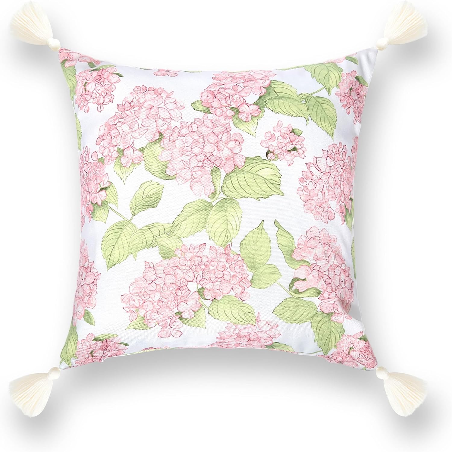 Hofdeco Premium Coastal Patio Indoor Outdoor Throw Pillow Cover Only, 18"x18" Water Repellent for Backyard, Couch, Blush Pink Green Print Sketch Hydrangea Flower