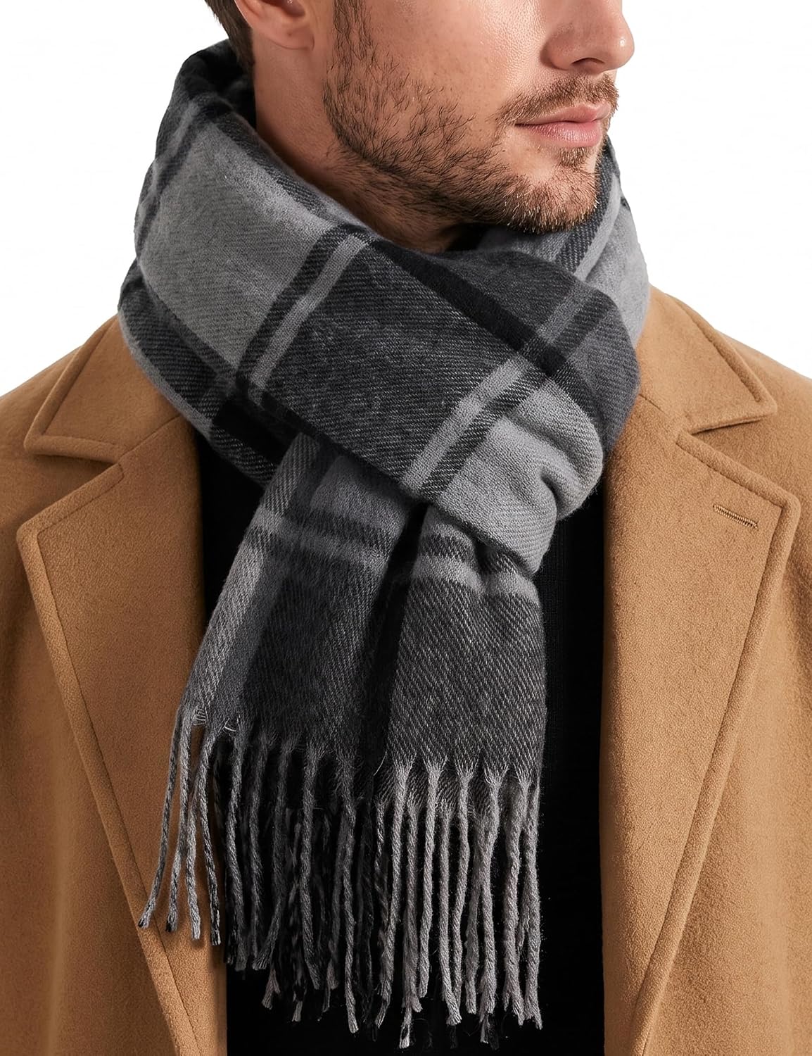 Tavaleu Winter Scarf for Men, Mens Plaid Tassel Soft Warm Knitted Scarves