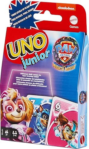 Mattel Games UNO Junior Paw Patrol The Mighty Movie - Juego de cartas para niños para noche familiar con 3 niveles de juego
