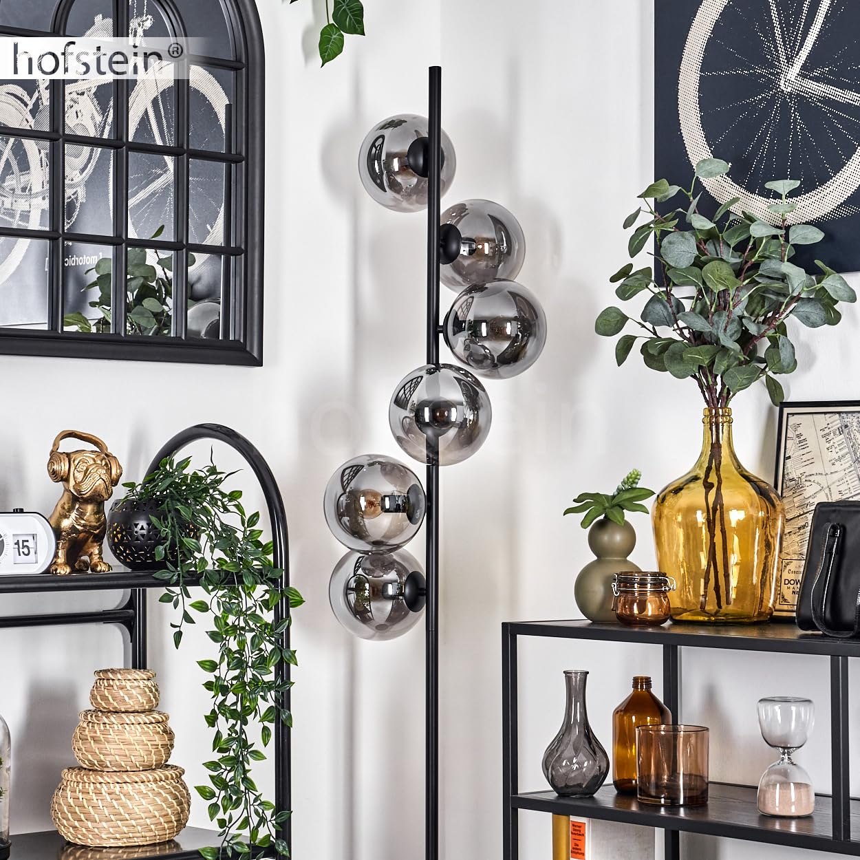 Lampadaire Gastor, lampadaire en métal/verre noir/fumée, luminaire au design moderne rétro/vintage avec abat-jour en verre (Ø 15 cm) et interrupteur à pied, hauteur 160 cm, 6 x E14, sans ampoules