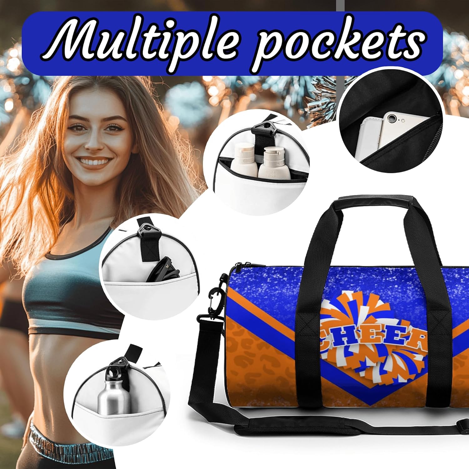 Sports Duffel for Cheerleaders, Cheer Bag for Women, Travel Duffle Bag, Weekender Bag, Cheerleading Gym Bag (Blue&Orange)