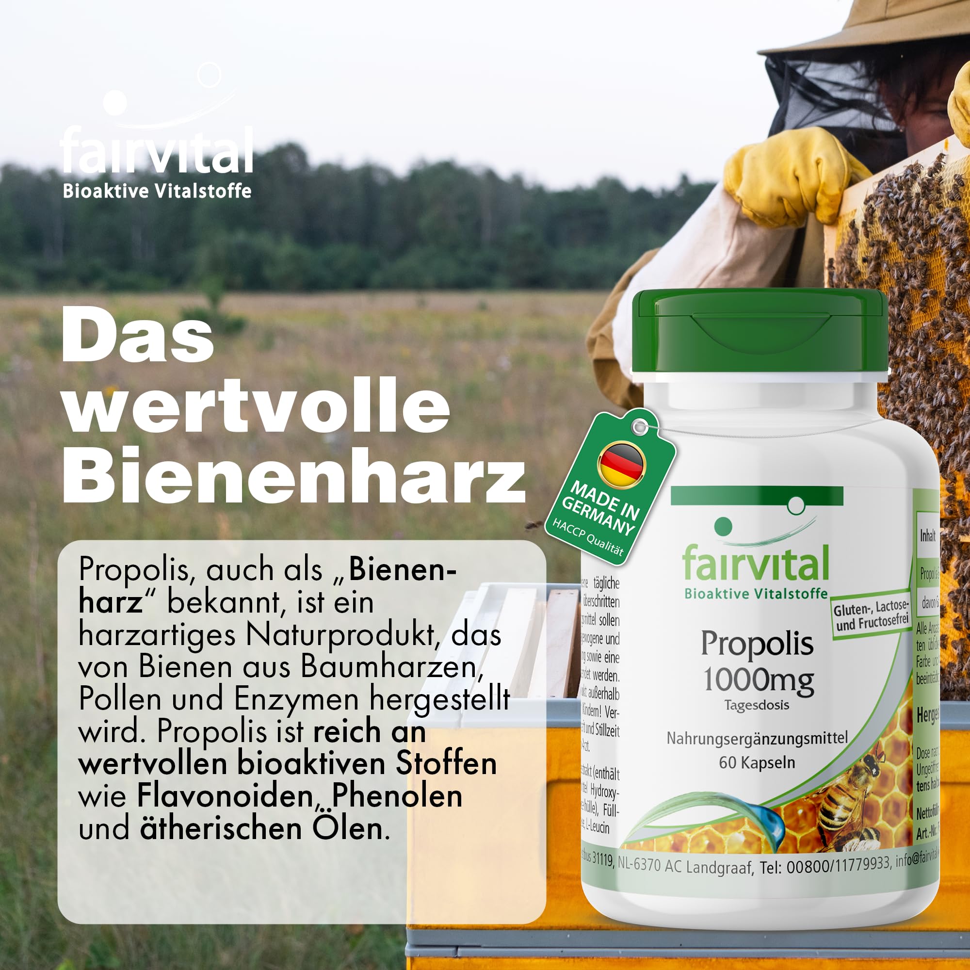 fairvital Bienen Propolis 1000mg Tagesdosis, 3 x 60 Kapseln, natürliches Bienenpropolis Extrakt, HOCHDOSIERT