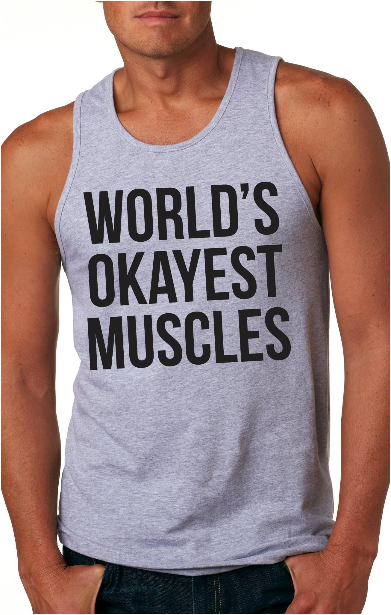 Worlds Okayest Muscles Tank Top Funny Flexing Gym Fitness Humor Workout Tee