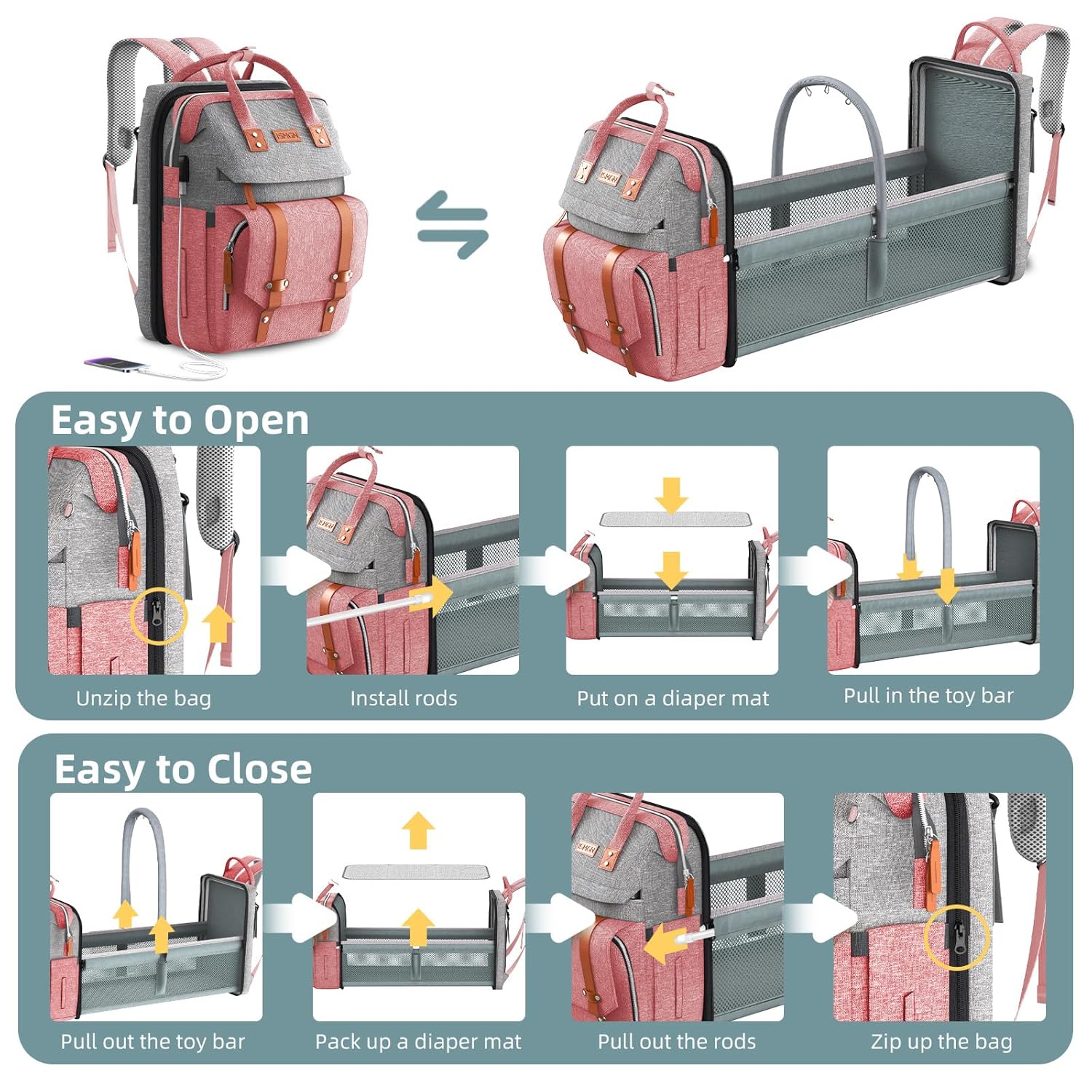 Diaper Bag Backpack with Changing Station, Large Diaper Bag, Baby Bag with Changing Station, Pink Diaper Bag, Pinkgray - Image 5