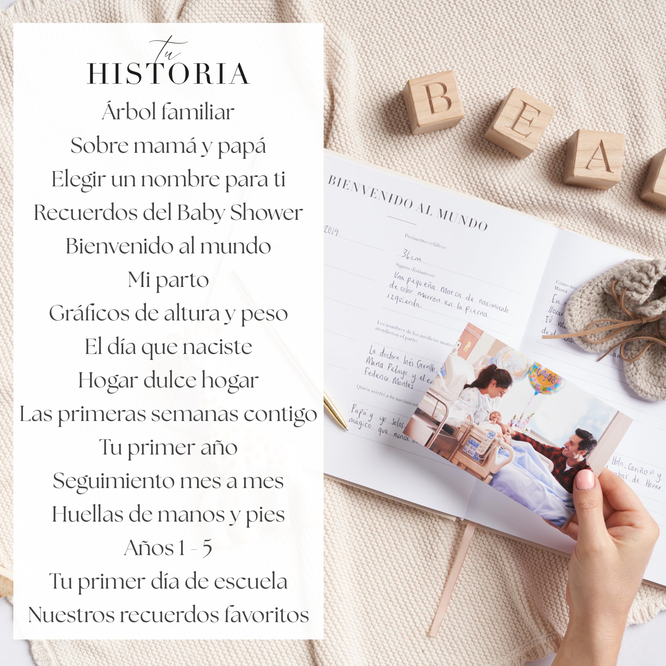 Libro Bebe - Libro de Recuerdos para Bebé - Diario y Álbum de Fotos para Bebés, 136 Páginas, Desde el Nacimiento hasta los 5 Años - Libro Nuestros Recuerdos (Crema)