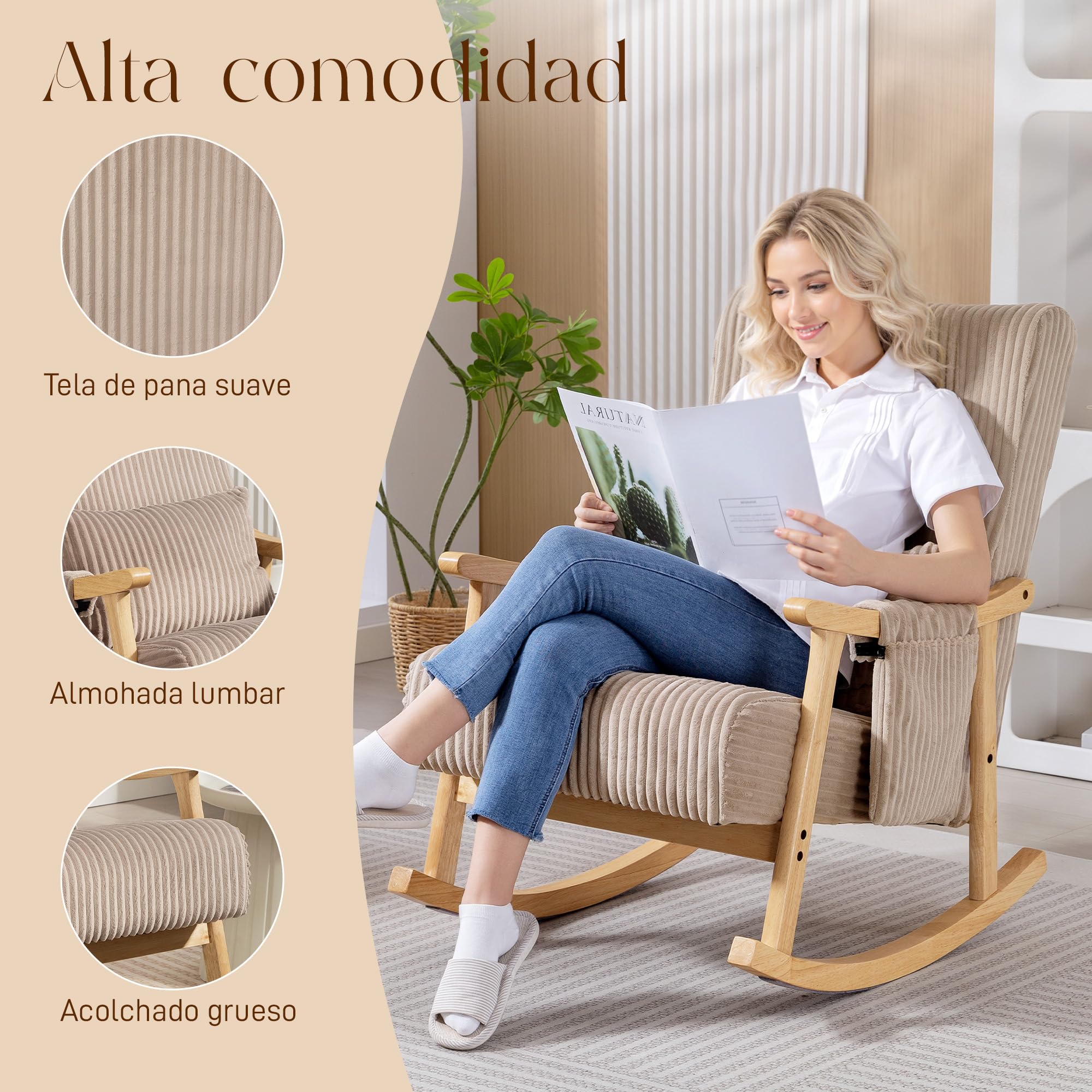 HOMCOM Silla Mecedora, Mecedora de Pana con Cojín Lumbar, Patas y Reposabrazos de Madera, Asiento Ancho, Bolsillo, Estilo Moderno, Sillón de Relax, Carga 120 kg, para Dormitorio, Salón, Marrón Claro