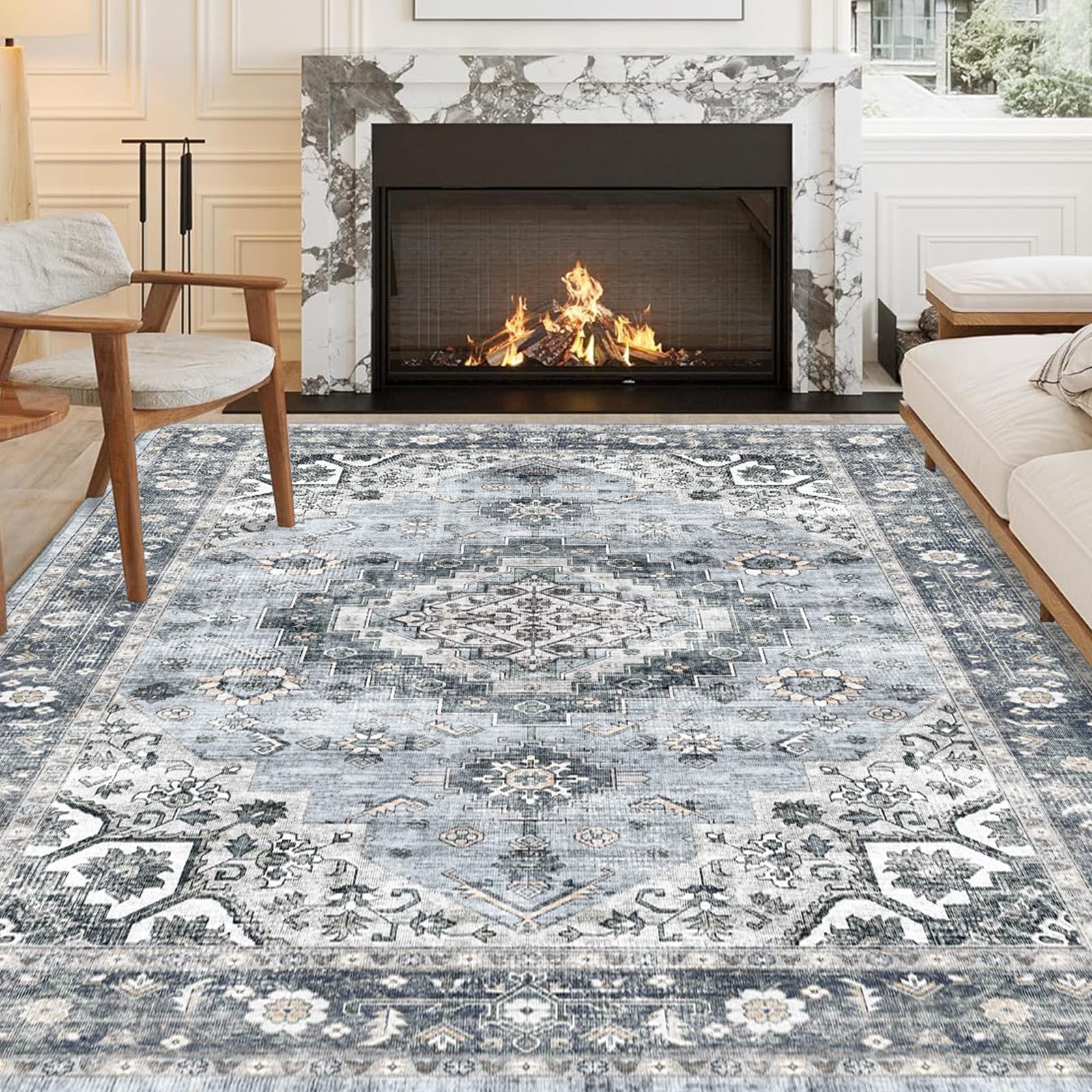 Area Rugs - Machine Washable Area Rugs for Living Room, Soft Washable Rugs 5x7, Non-Slip Washable Area Rug, Stain Resistant Boho Low Pile Thin washable rug