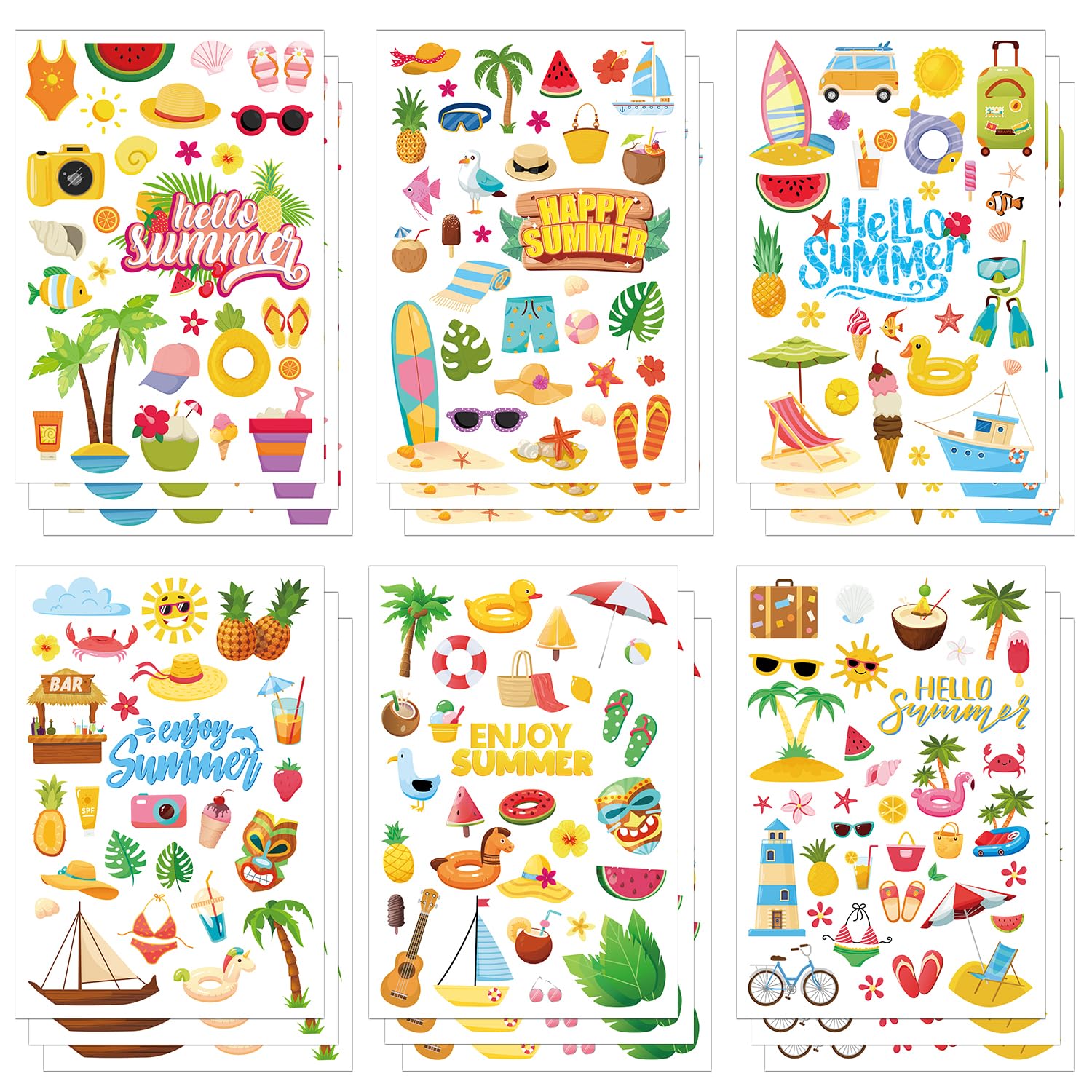 516 Pegatinas Verano para Álbumes Recortes, 18 Hojas Pegatinas Vacaciones Dibujos Animados para Niños, Pegatinas Piña, Sol, Playa Hawaiana para Regalos Fiesta, Vacaciones, Álbum Recortes