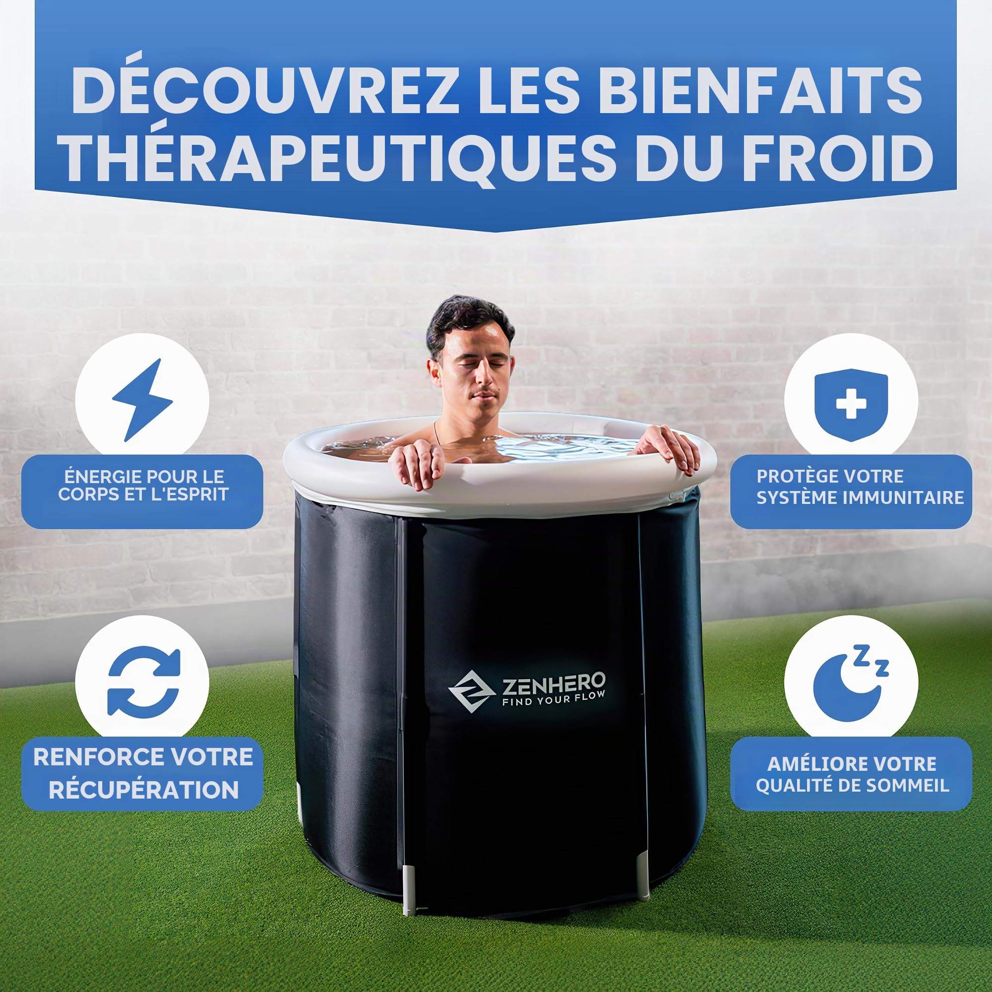 Zenhero Bain de glace avec thermomètre pour athlètes, tonneau cryothérapie - Baignoire gonflable pliable pour adultes - Intérieur/extérieur