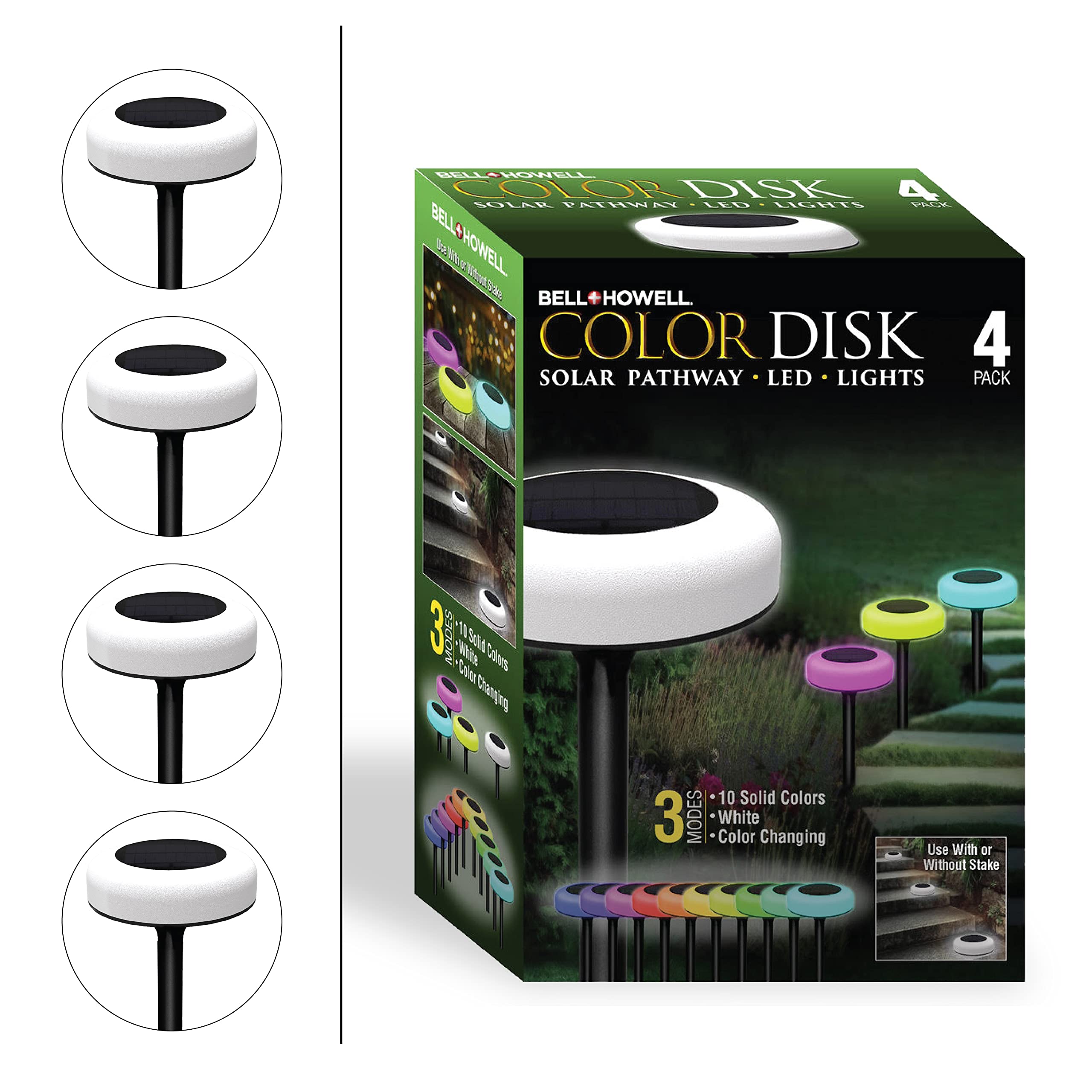 Bell+HowellVividisk Color Changing LED Solar Pathway Lights, Solar Lights Outdoor Waterproof Path Lights, Solar Driveway Lights, Solar Landscape Lights, Decorative Lawn & Walkway Lights - 4 Pk