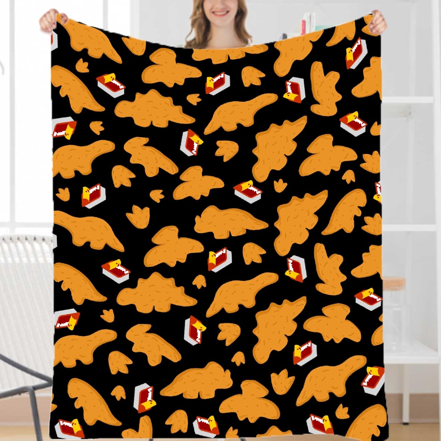 Dino Chicken Nugget Blanket Gifts for Girls Boys - Super Soft Chicken Nugget Flannel Fleece Blanket, Lightweight Microfiber Cozy Plush for Couch, 80x60 in for Adults