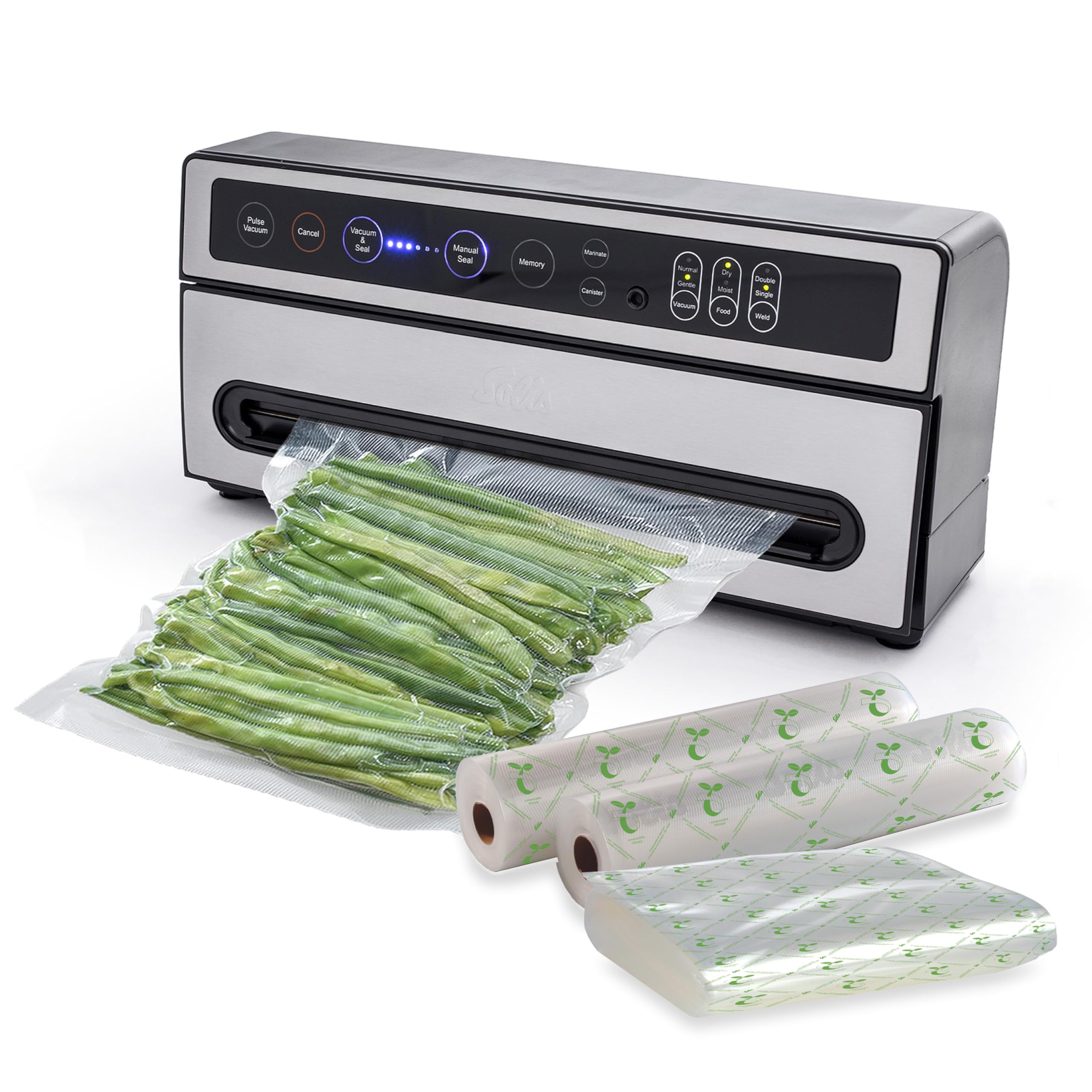Solis Envasadora al vacío VertiVac Plus con función de pulso y marinado, paquete con láminas y bolsas compostables, sellador al vacío para alimentos, accesorios de cocina, ideal para Sous Vide, color