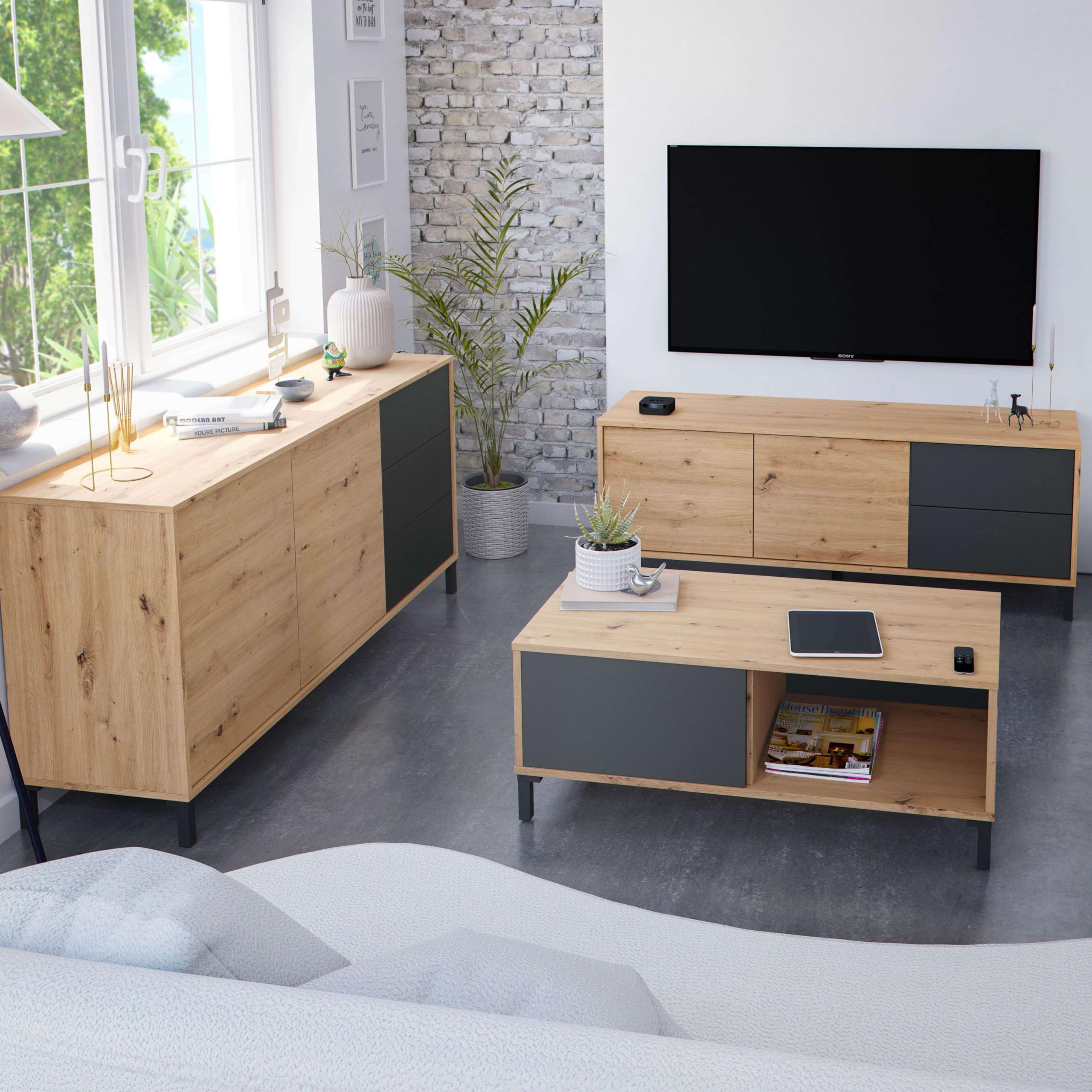 Habitdesign, moderner TV-Schrank mit 2 Türen und 2 Schubladen in Eiche Nodi und Anthrazit, Wohnzimmermöbel mit Stauraum, Maße: 130 x 47 x 41 cm (B x H x T), Modell Brooklyn