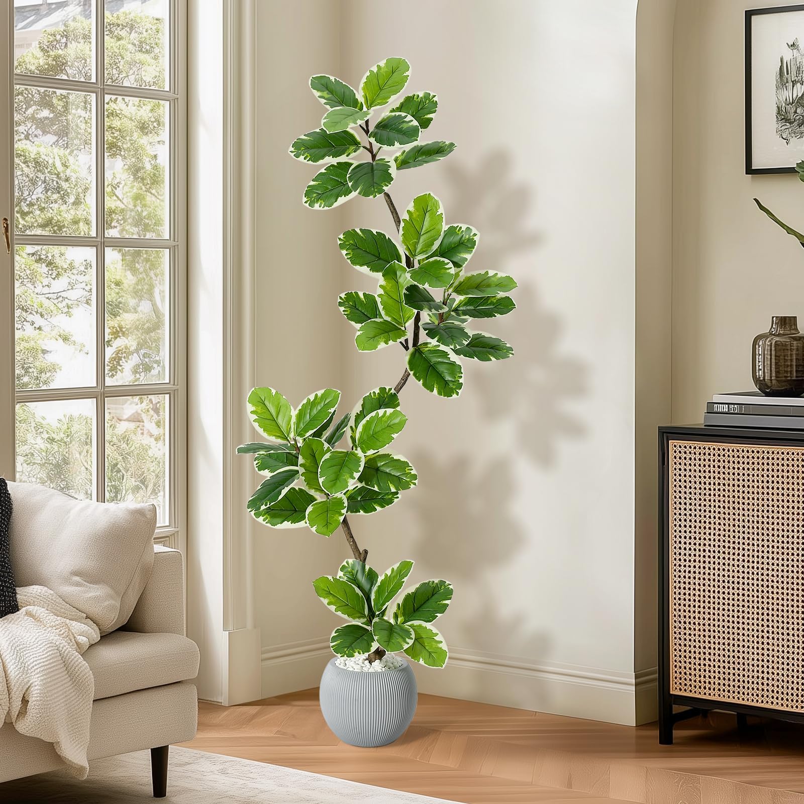 Künstlicher Gummibaum Ficus Lyrata, Große Kunstpflanze Mit Übertopf Und Steinen,Pflegeleicht Und Realistisch, Deko Wohnzimmer Deko Kunstpflanzen,Groß Als Bodengewächs Perfekte Wohnung Und Büro,150 cm