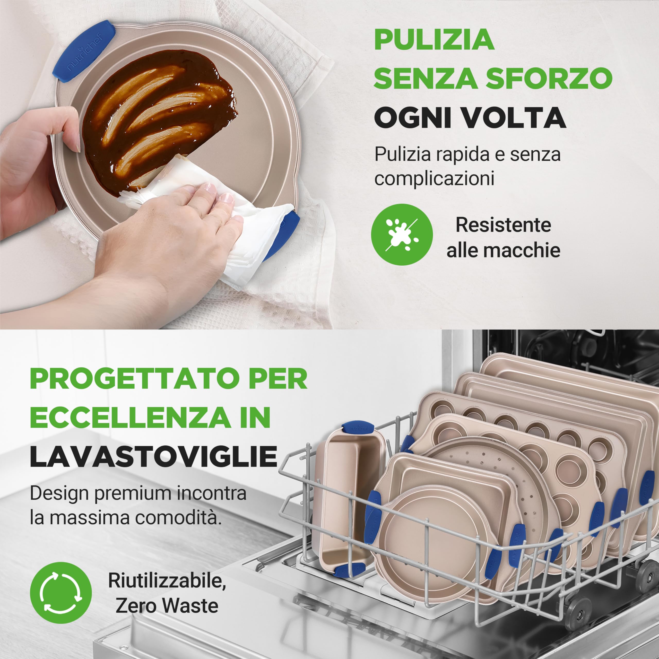 NutriChef Set 10 Pezzi Teglie Forno Antiaderenti in Acciaio al Carbonio con Manici in Silicone, Teglie da Forno per Pizza, Pane, Dolci, Torta, Biscotti, Stampo Muffin e Stampo Plumcake